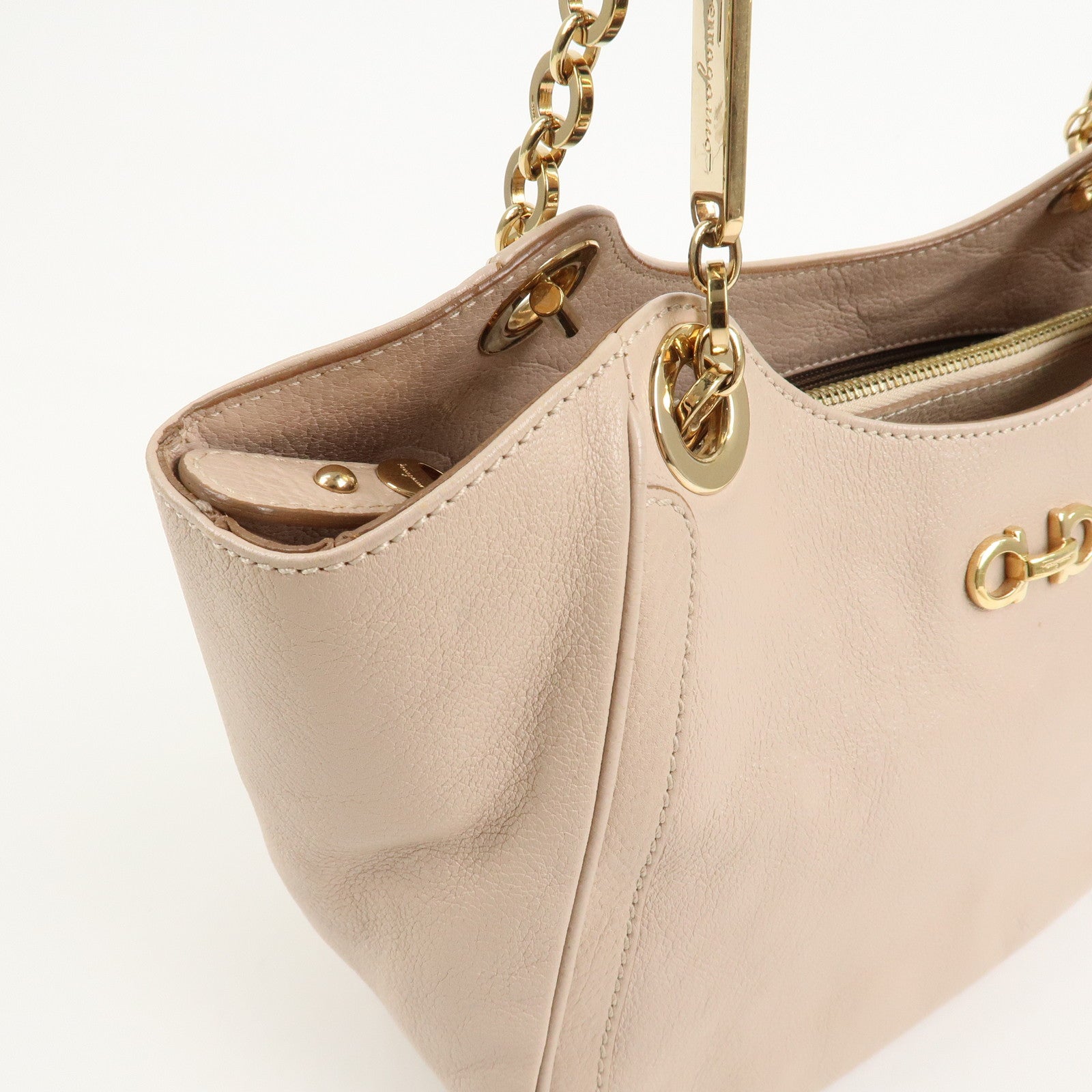 Ferragamo Leather Shoulder Bag Hand Bag Pink Beige Gold