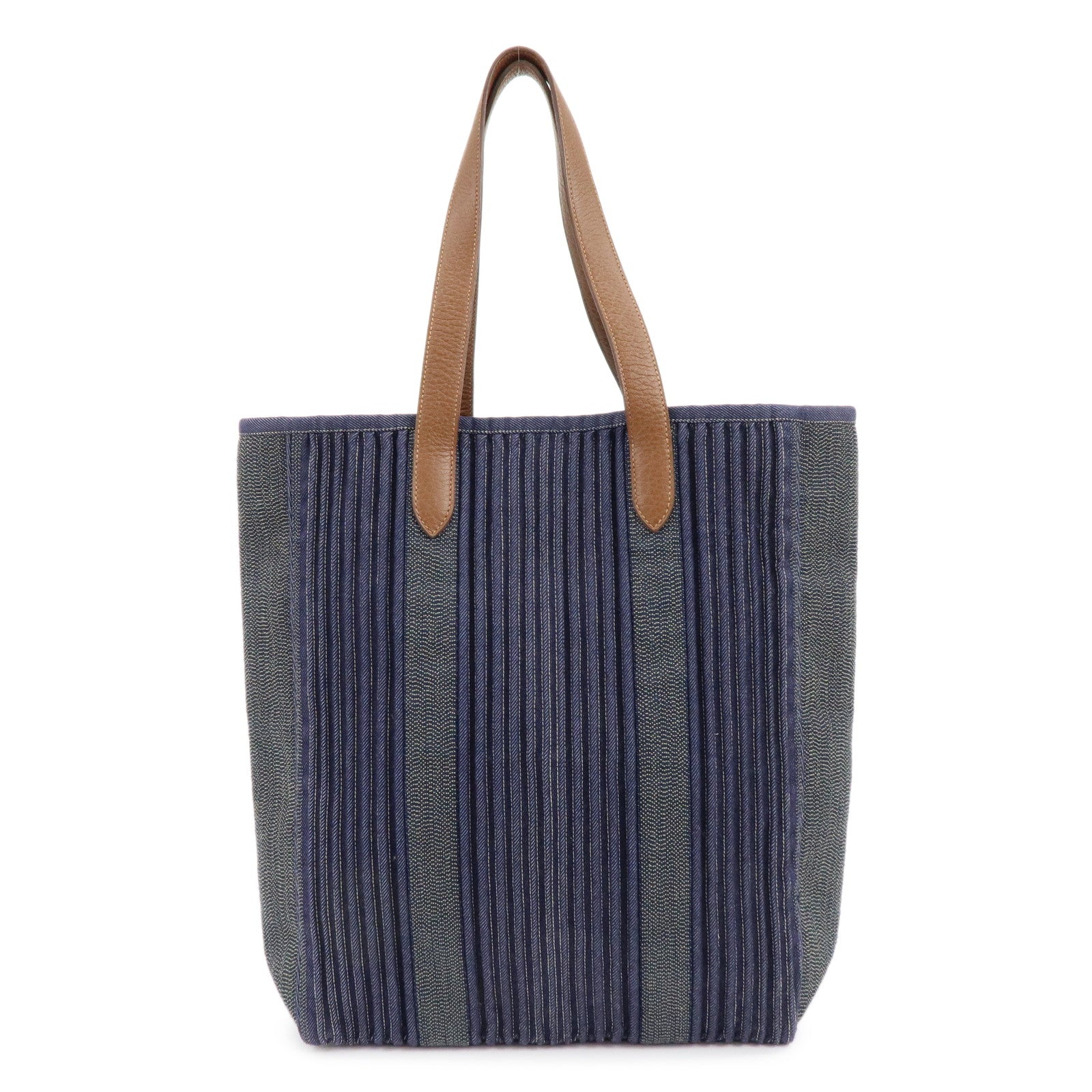 HERMES Calicut Canvas Leather Tote Bag L Stamped Navy Brown