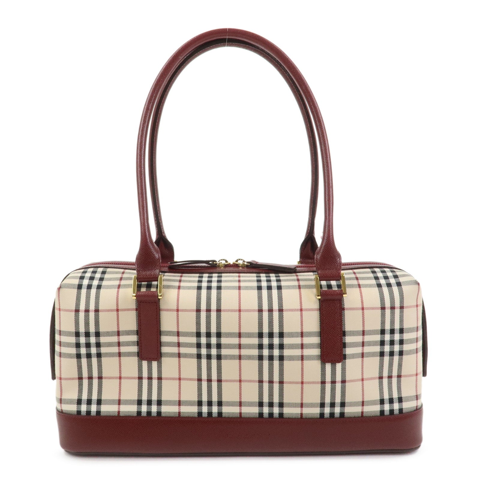BURBERRY Nova Plaid Canvas Leather Shoulder Hand Bag Beige Bordeaux