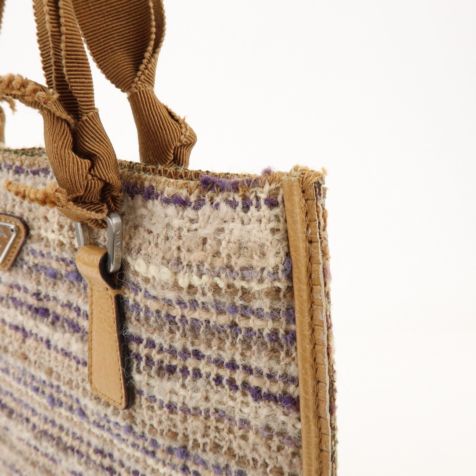 PRADA Triangle Logo Tweed Leather Hand Bag Light Brown Multicolor