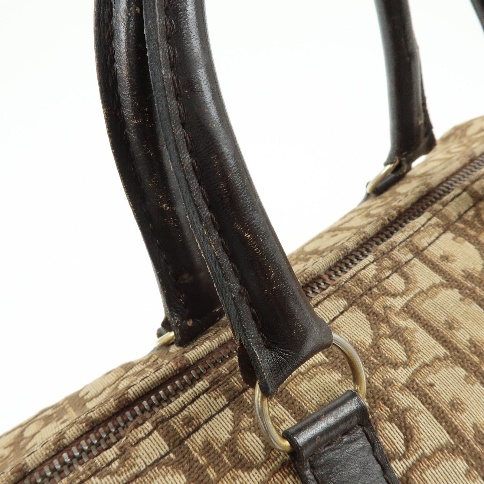 Christian Dior Trotter Jacquard Canvas Leather Boston Bag Brown