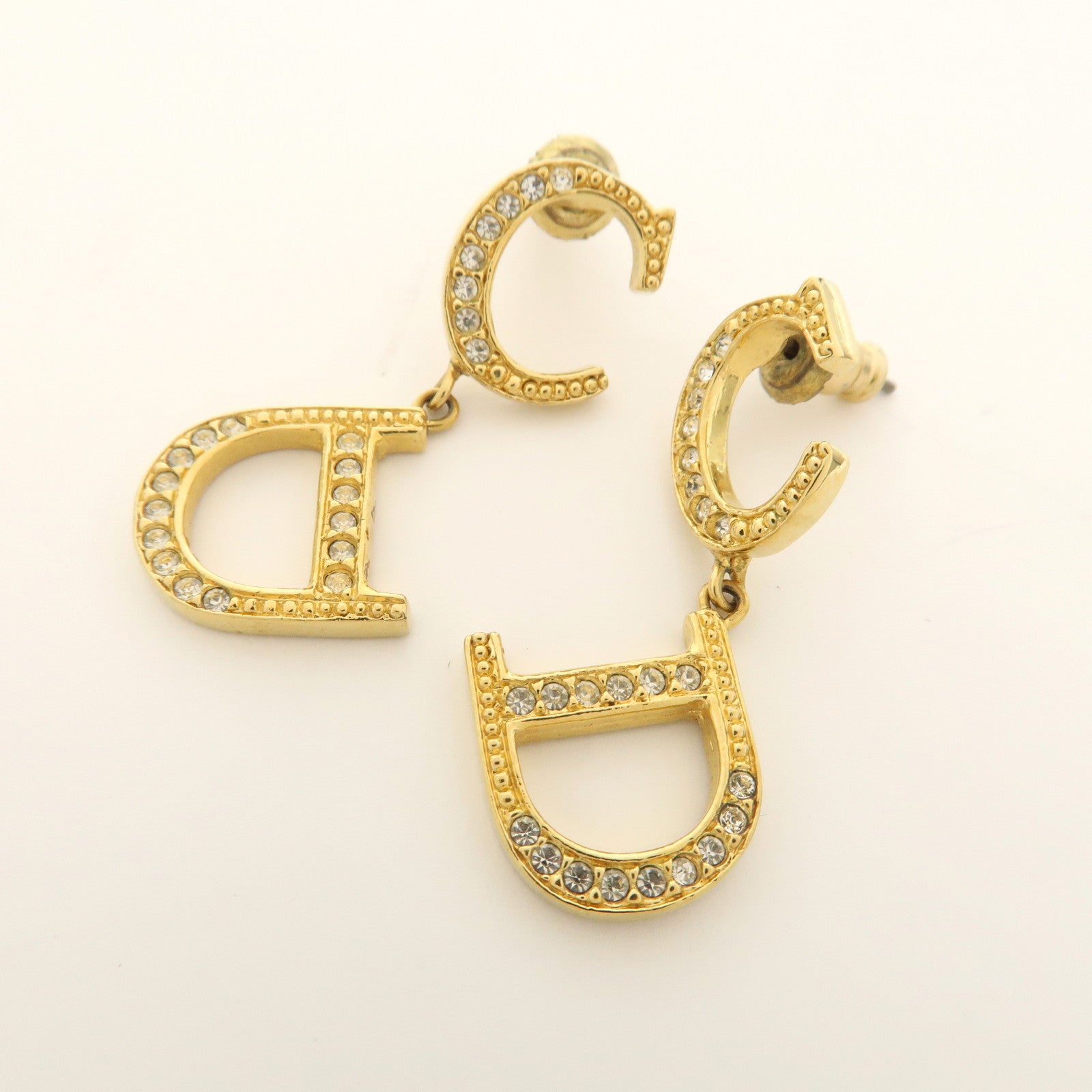 Christian Dior Gold-Tone Logo Metal Rhinestone Earrings