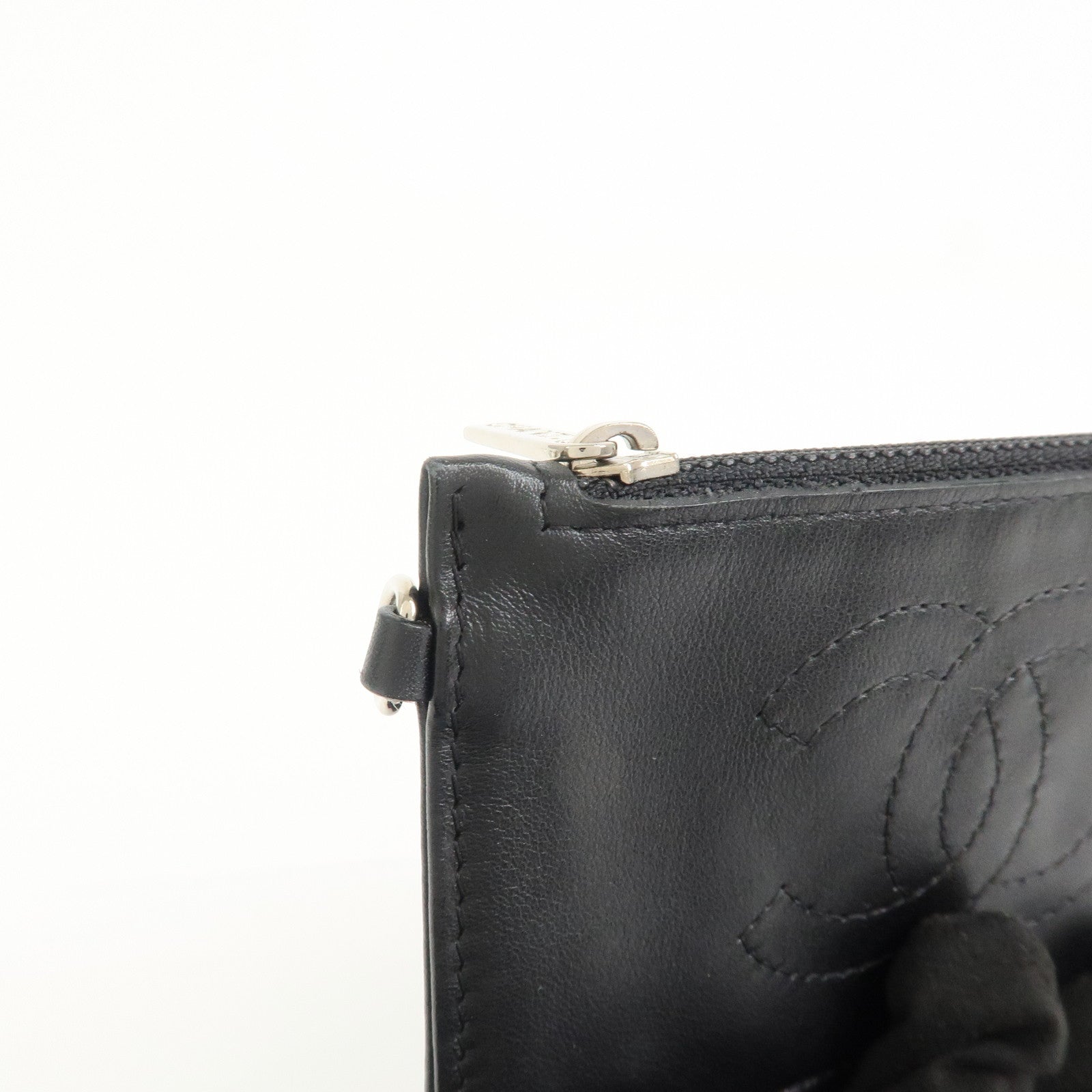 CHANEL COCO Mark Lamb Skin Coin Case Black Silver A25183