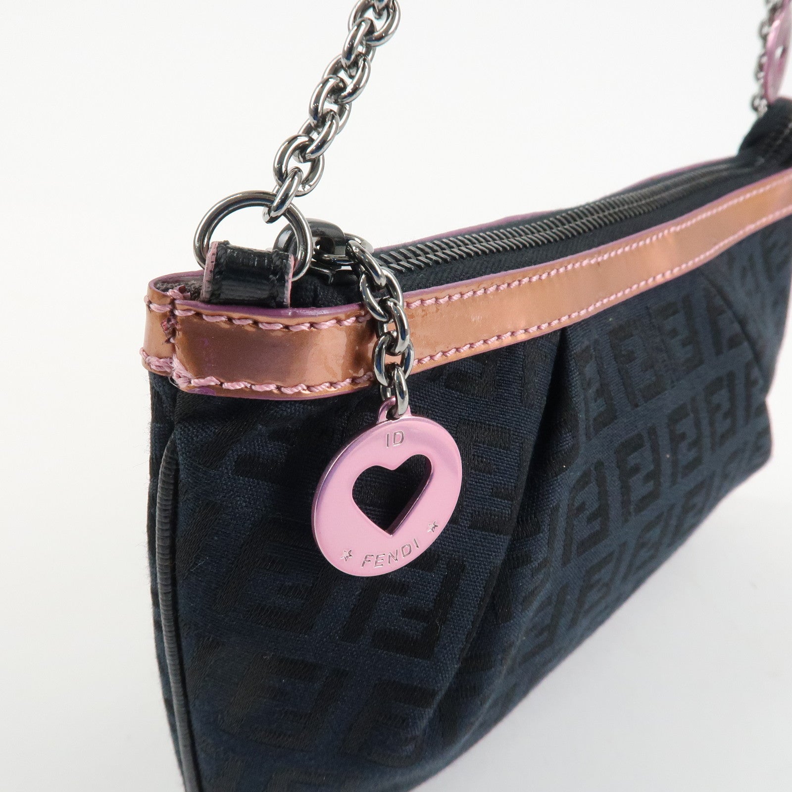 FENDI Zucchino Canvas Leather Chain Hand Bag Black Pink 8BR594 Used