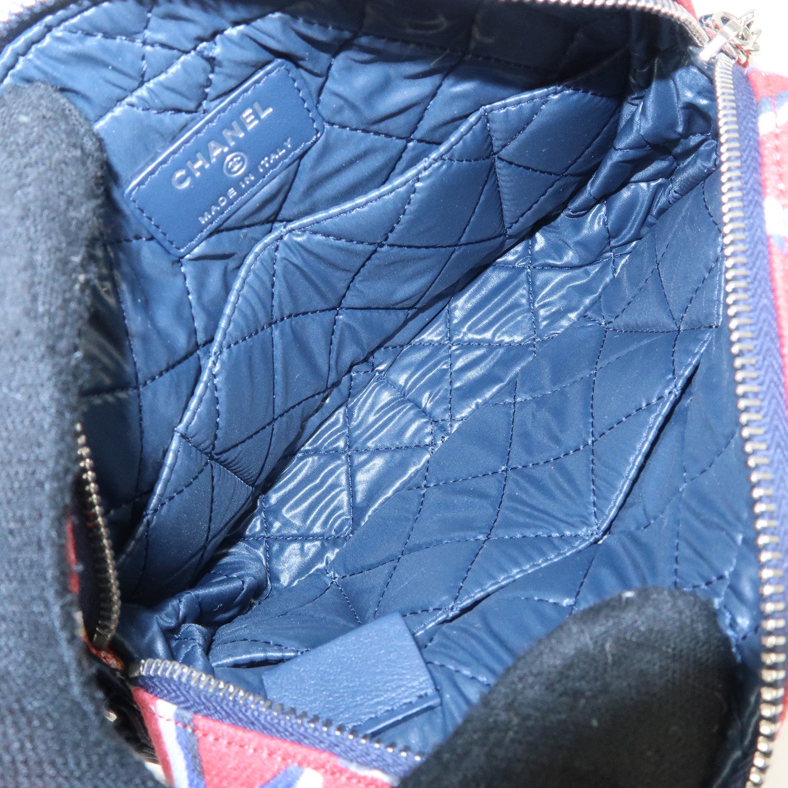 CHANEL COCO Mark COCO Beach Canvas Pouch Red Navy Silver HDW Used