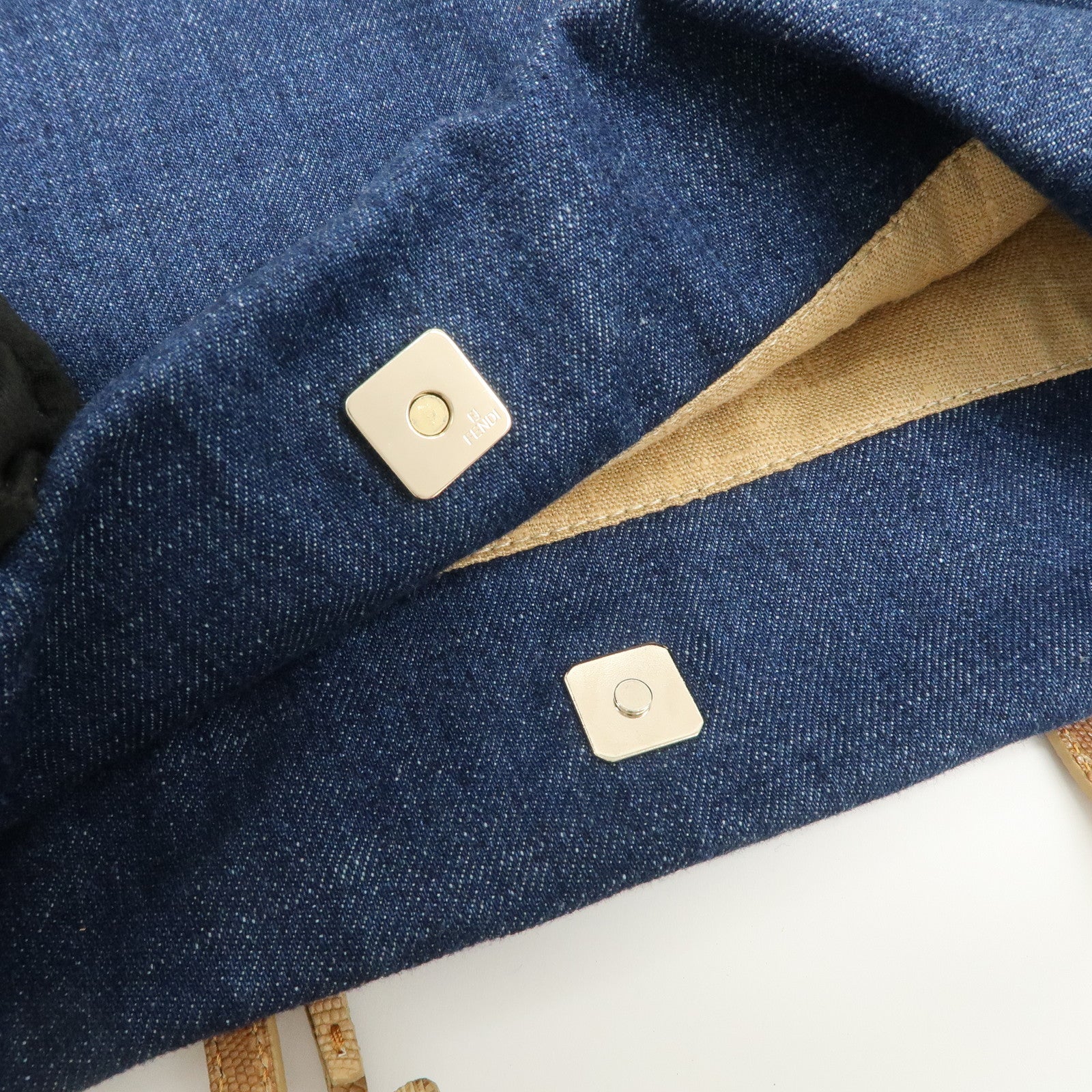 FENDI Denim Tote Bag Hand Bag Logo Charm Navy