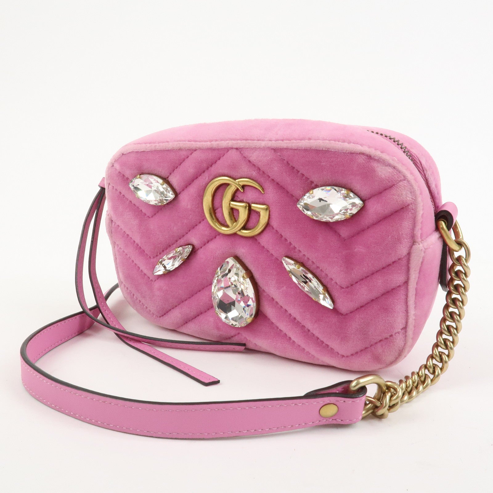 GUCCI GG Marmont Velvet Rhinestone Shoulder Bag Pink 448065