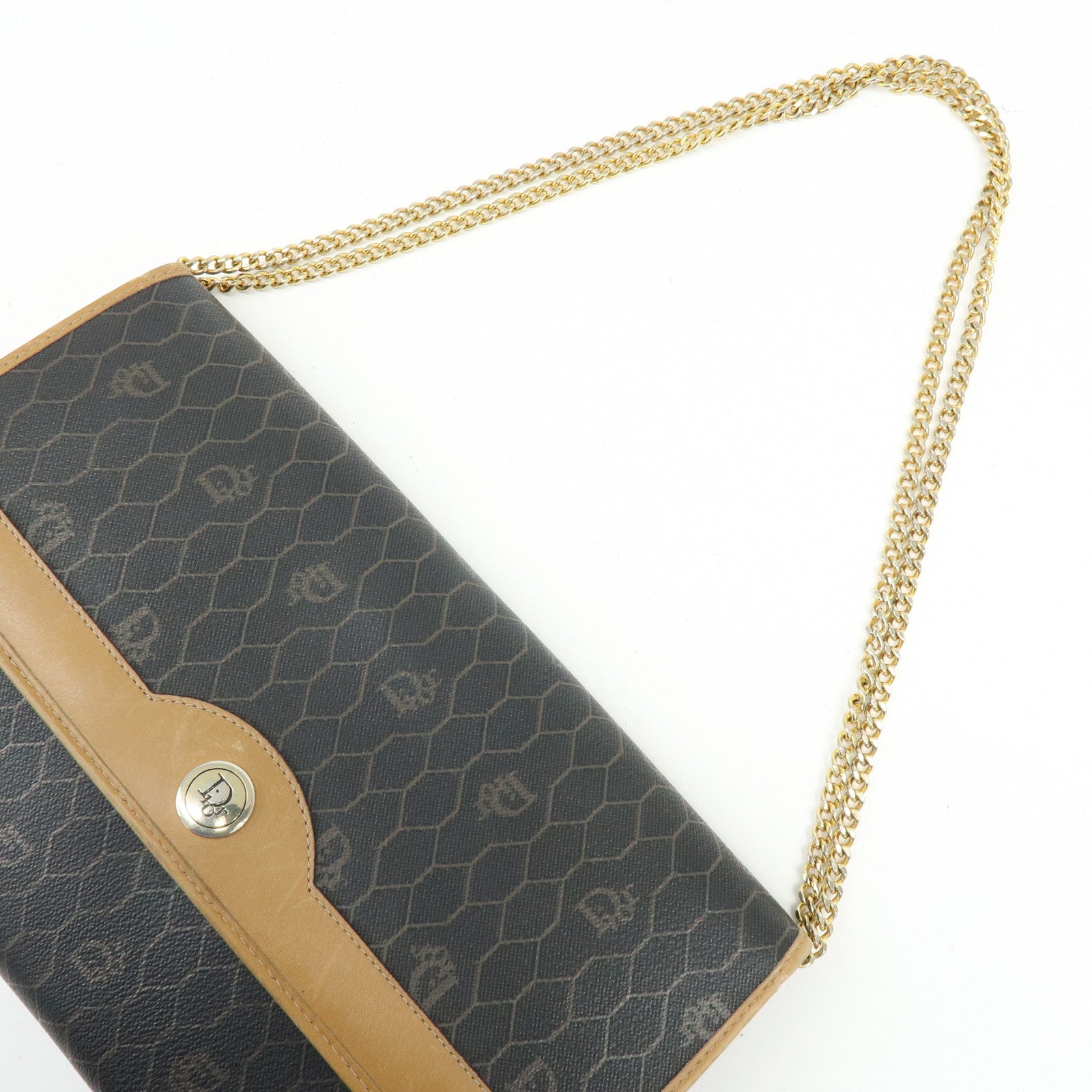 Christian Dior Honeycomb PVC Leather Chain Shoulder Bag Brown