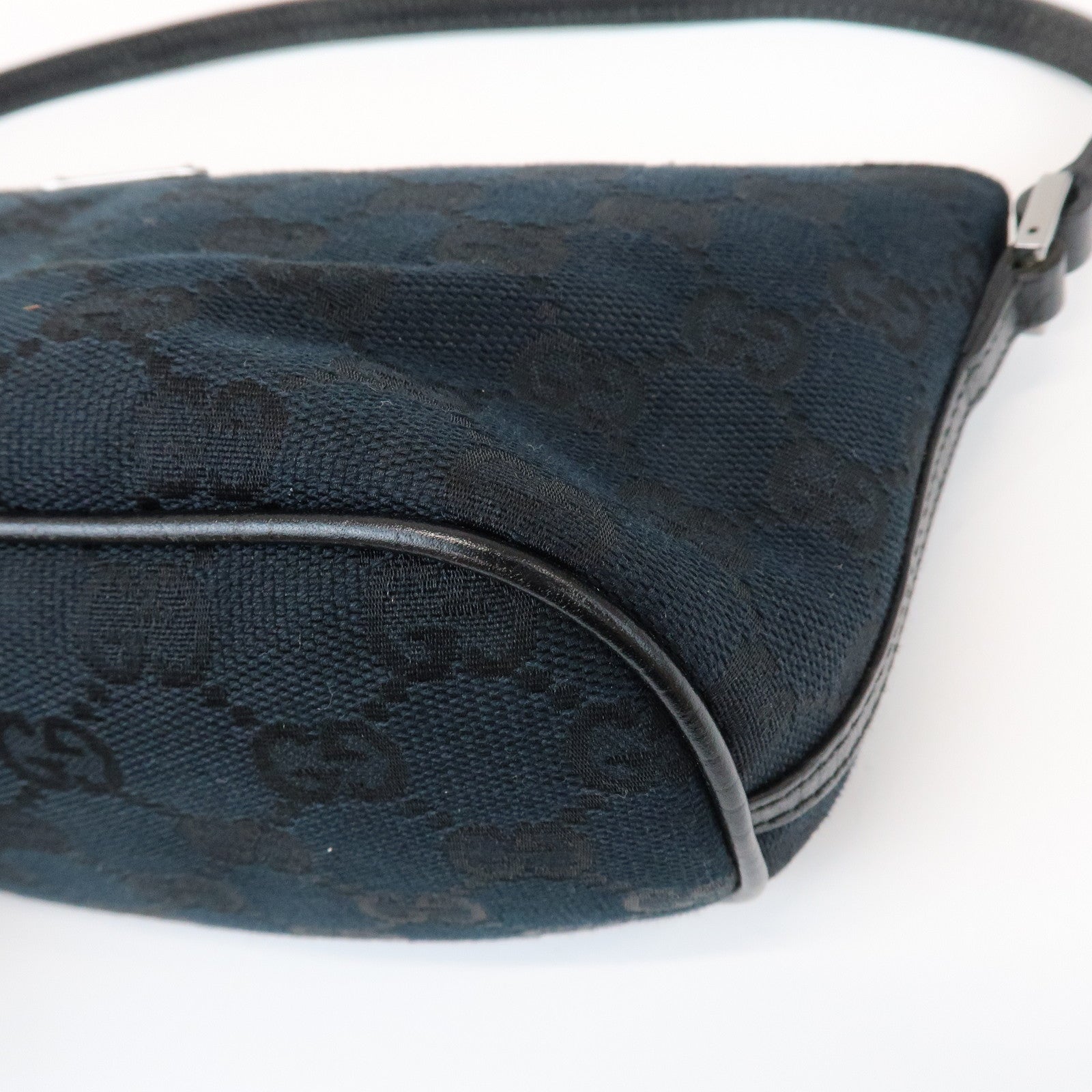 GUCCI Boat Bag GG Canvas Leather Pouch Hand Bag Black 07198