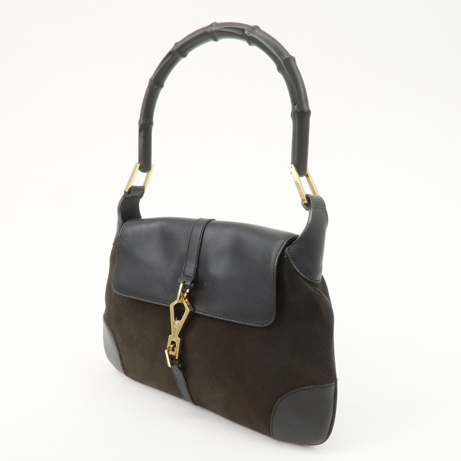 GUCCI Bamboo Leather Shoulder Bag Black Gold HDW 001.4096 Used