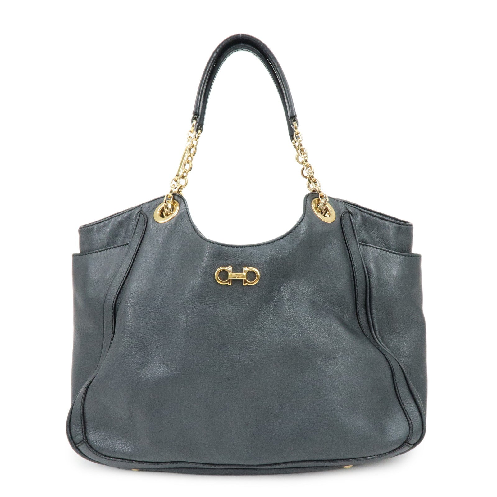 Ferragamo Gancini Leather Chain Tote Bag Shoulder Bag Black