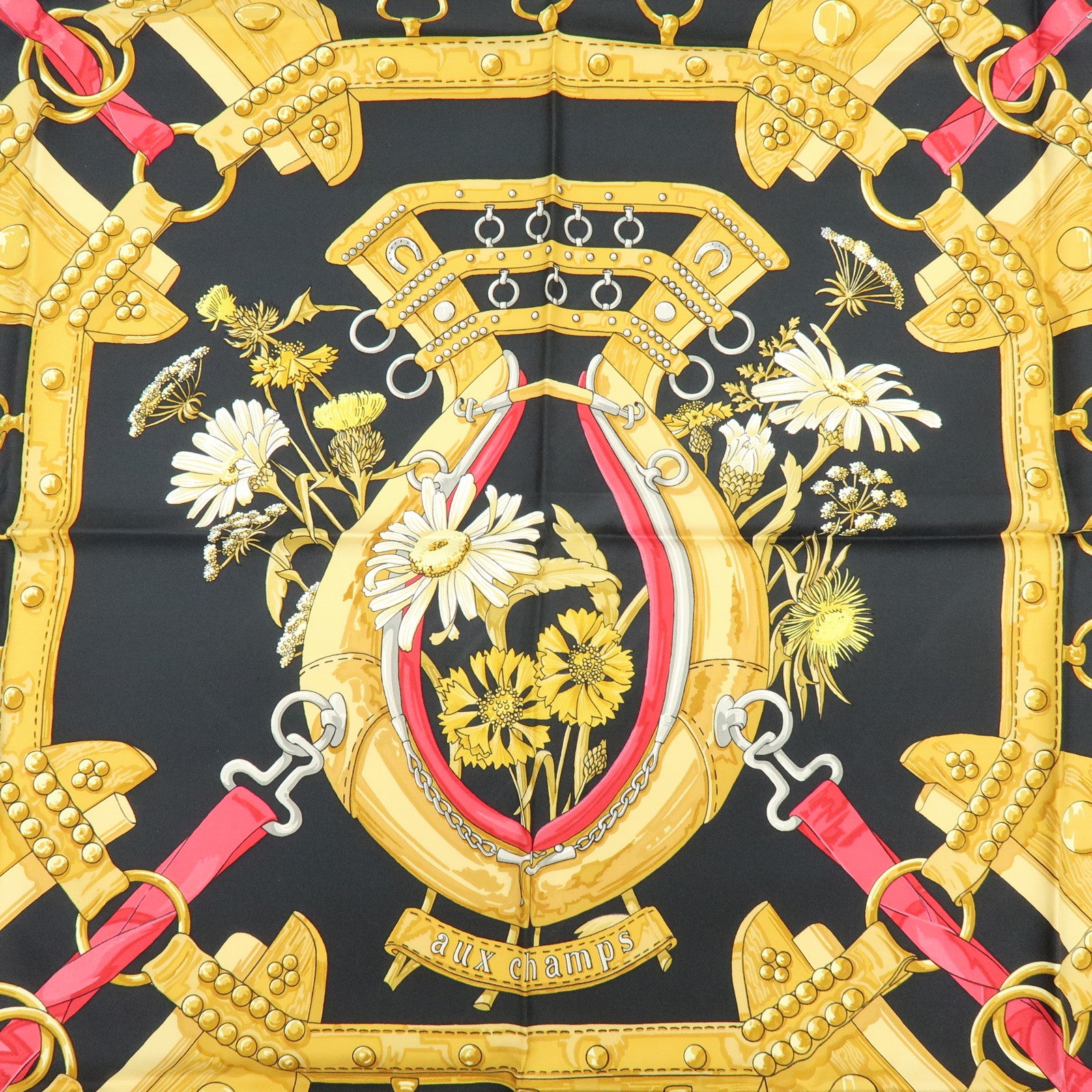 HERMES Carre 90 Silk 100% aux champs Scarf Black Yellow Red