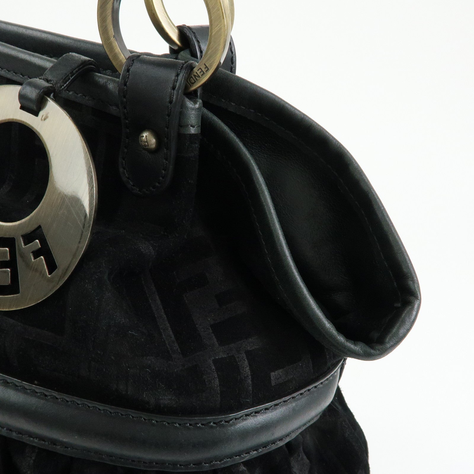 FENDI Zucca Suede Leather Gathered Shoulder Bag Black 8BH186