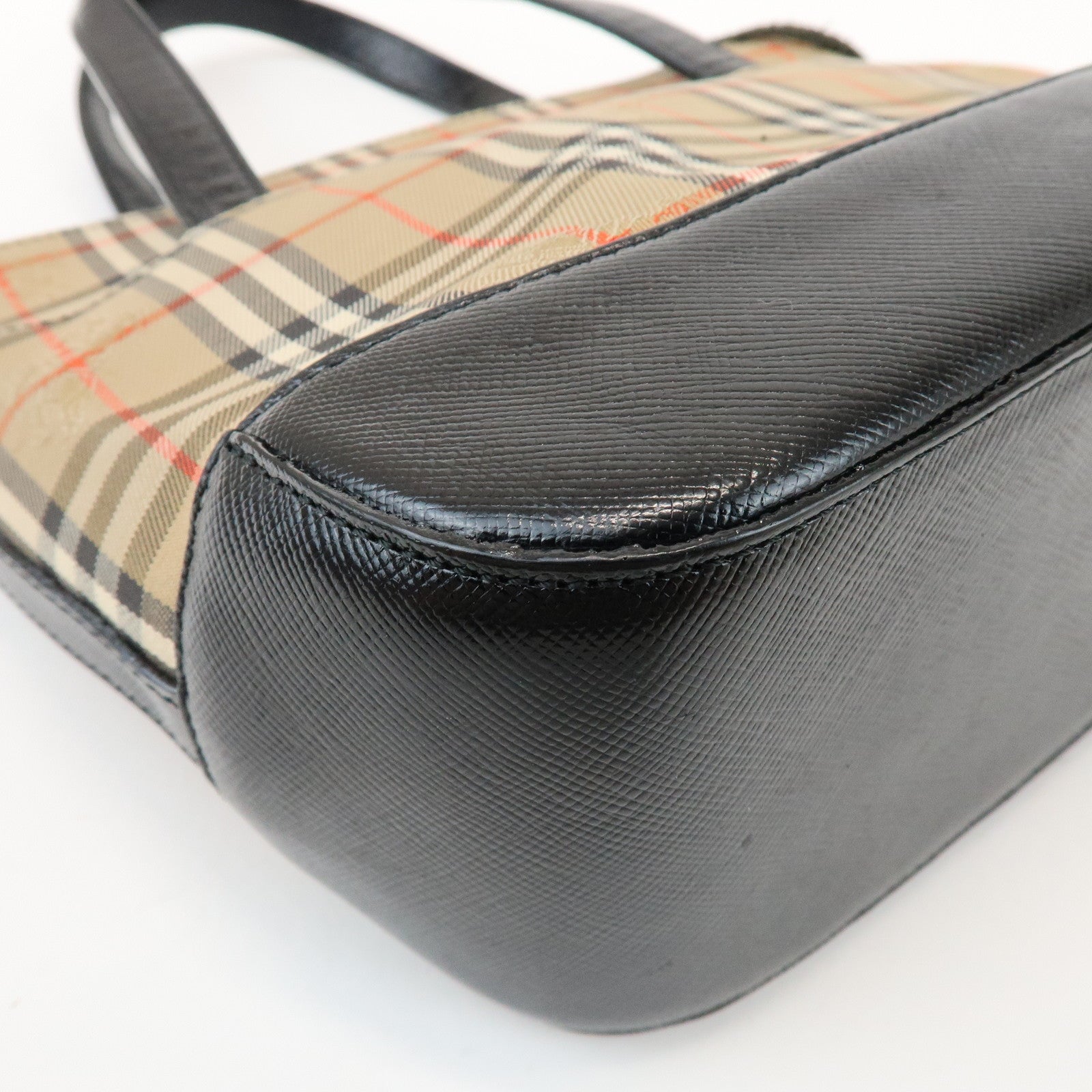 BURBERRY Nova Plaid Canvas Leather Small Hand Bag Black Beige