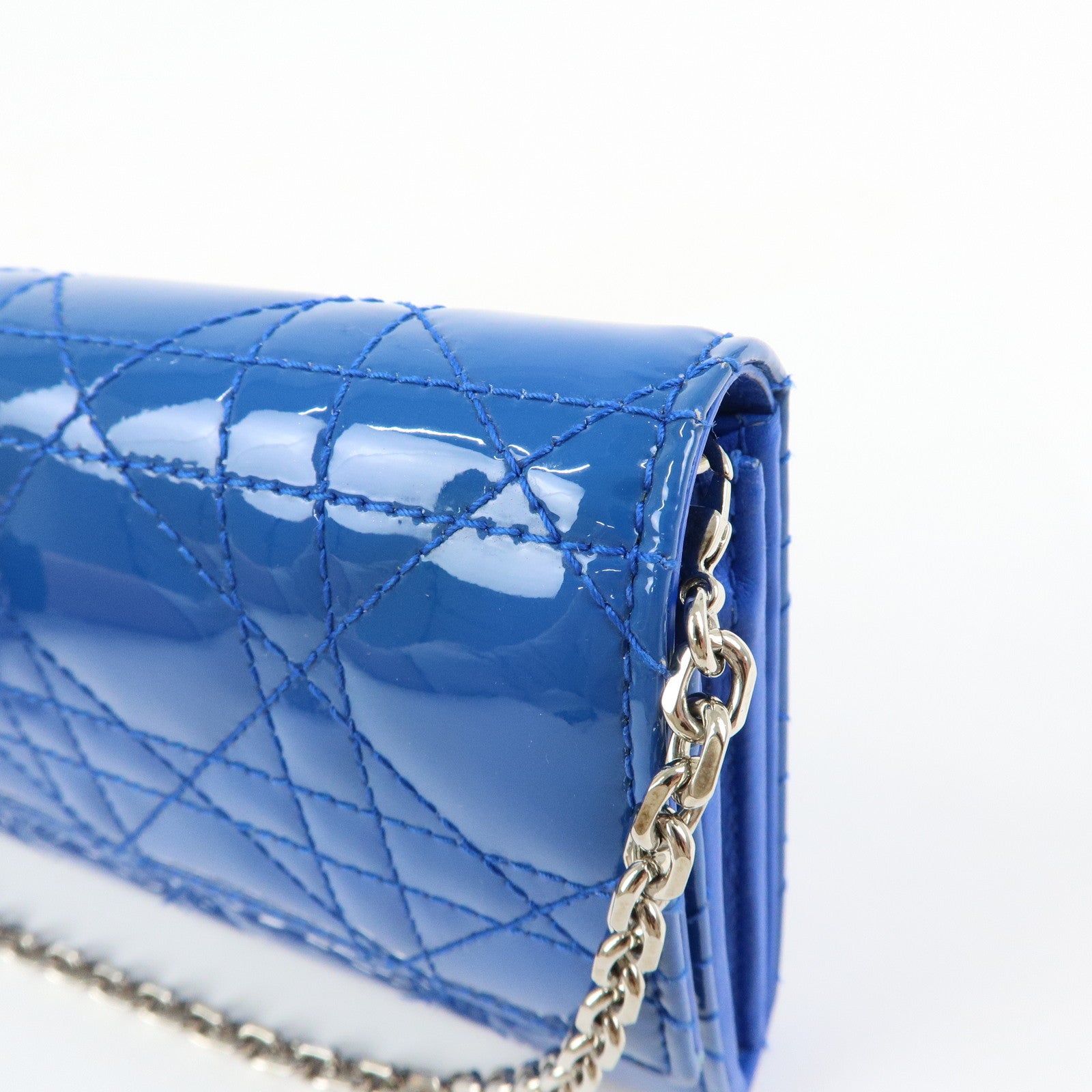 Christian Dior Cannage Patent Leather Chain Wallet WOC Blue Silver