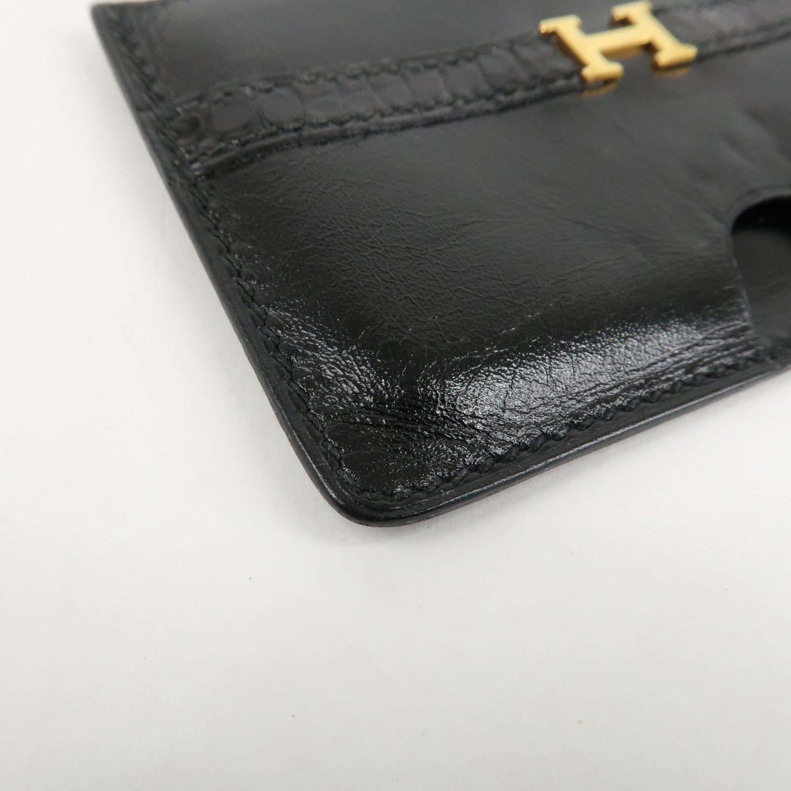 HERMES Leather □T Stamped Card Case Balck Gold Used