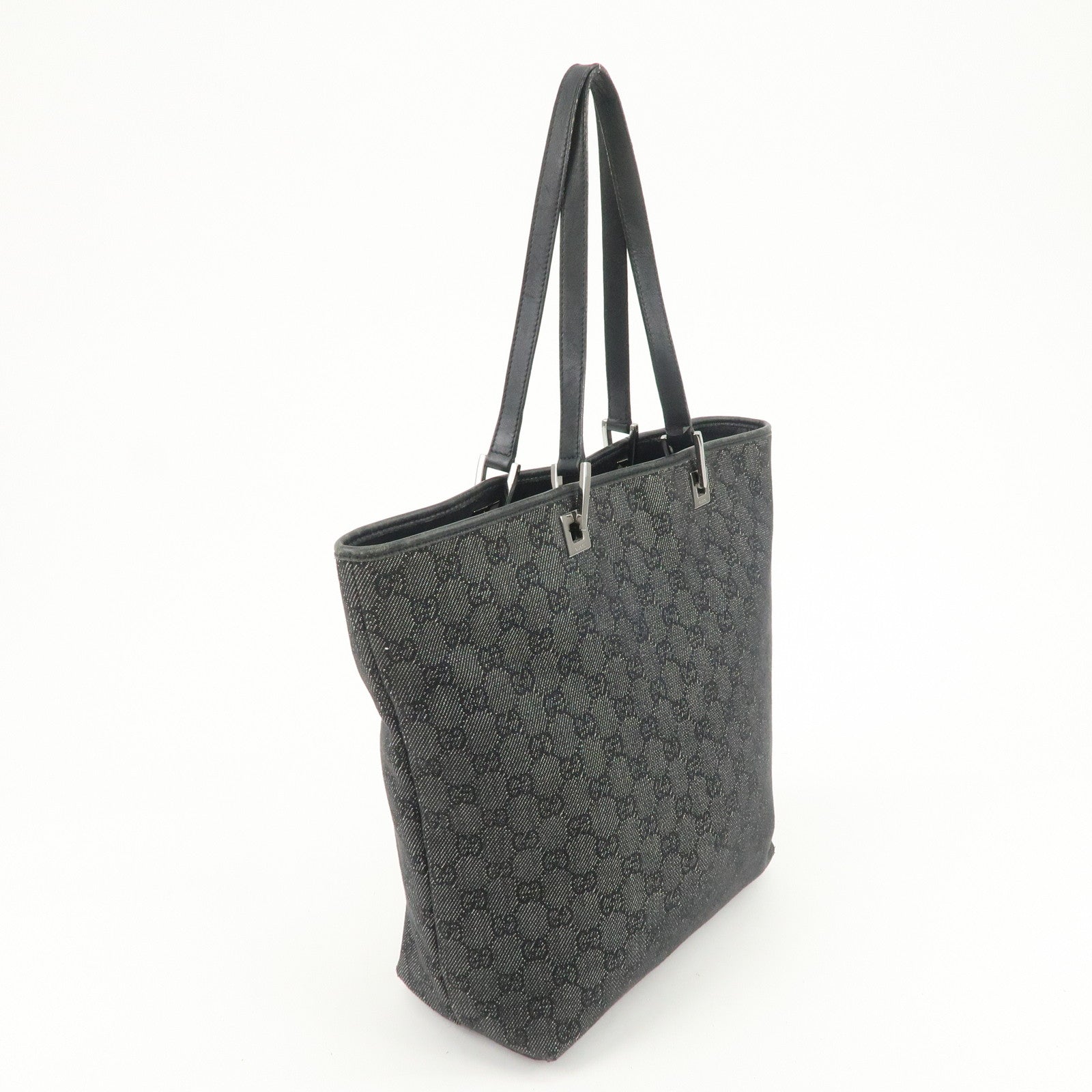 GUCCI GG Monogram Denim Leather Tote Bag Shoulder Bag Black 31243