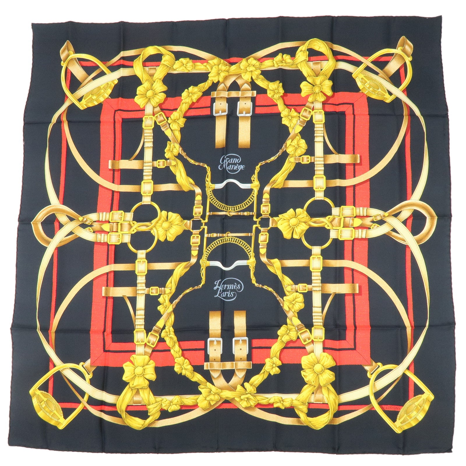 HERMES Carre 90 Silk 100% Scarf Grand Manege Black Gold Red