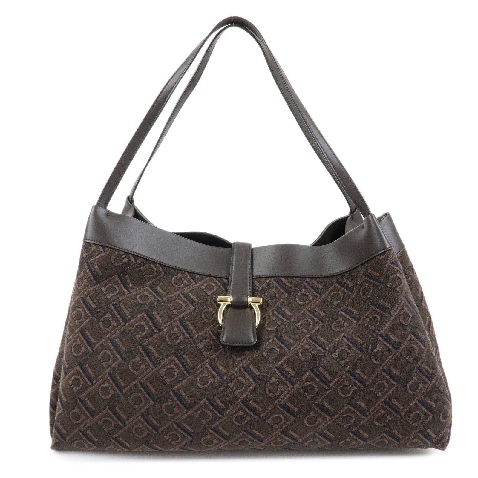 Ferragamo Gancini Canvas Leather Shoulder Bag Hand Bag Dark Brown