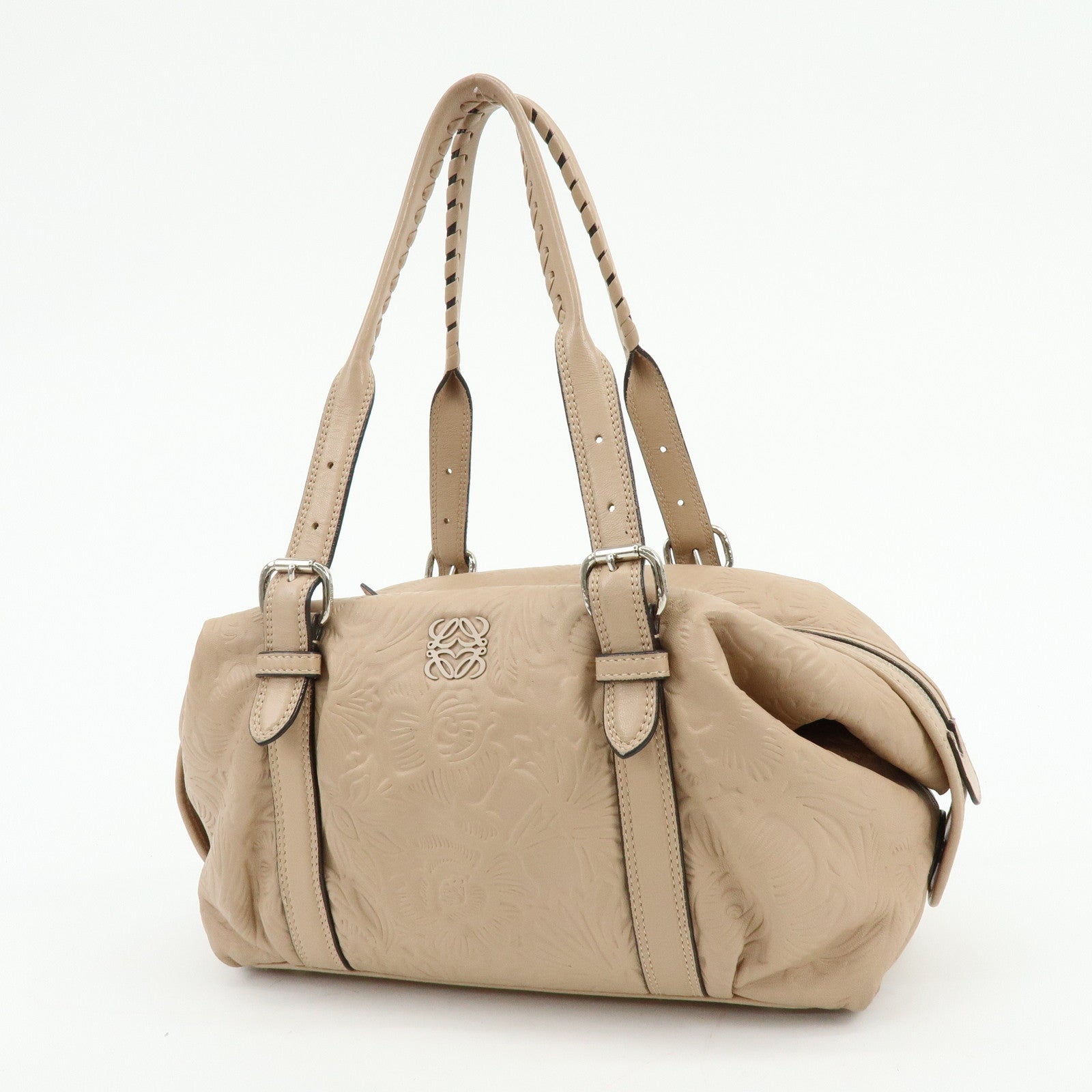 LOEWE Anagram Leather Mini Boston Bag Tote Hand Shoulder Bag Beige