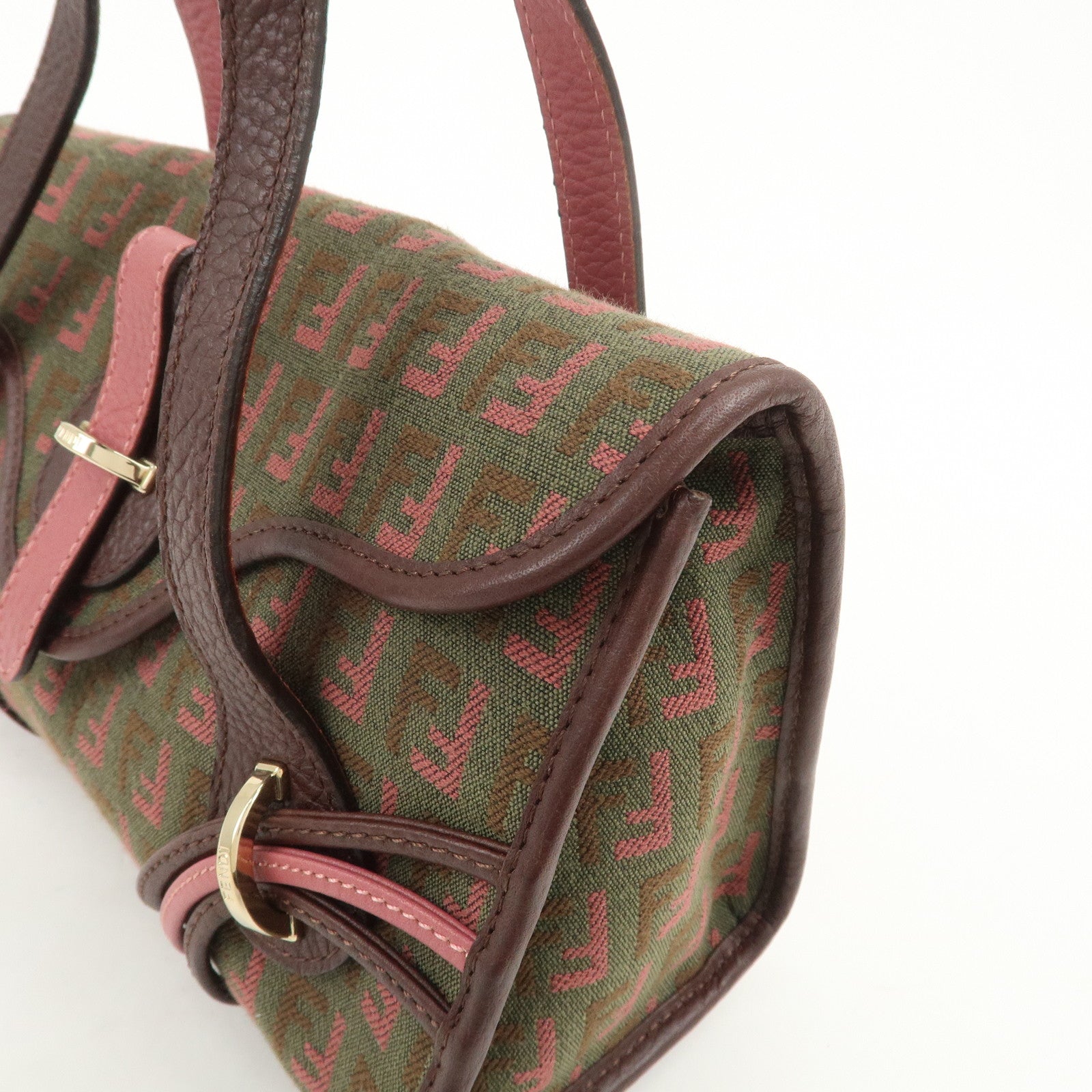 FENDI Zucchino Logo Canvas Leather Hand Bag Brown Pink 8BN147