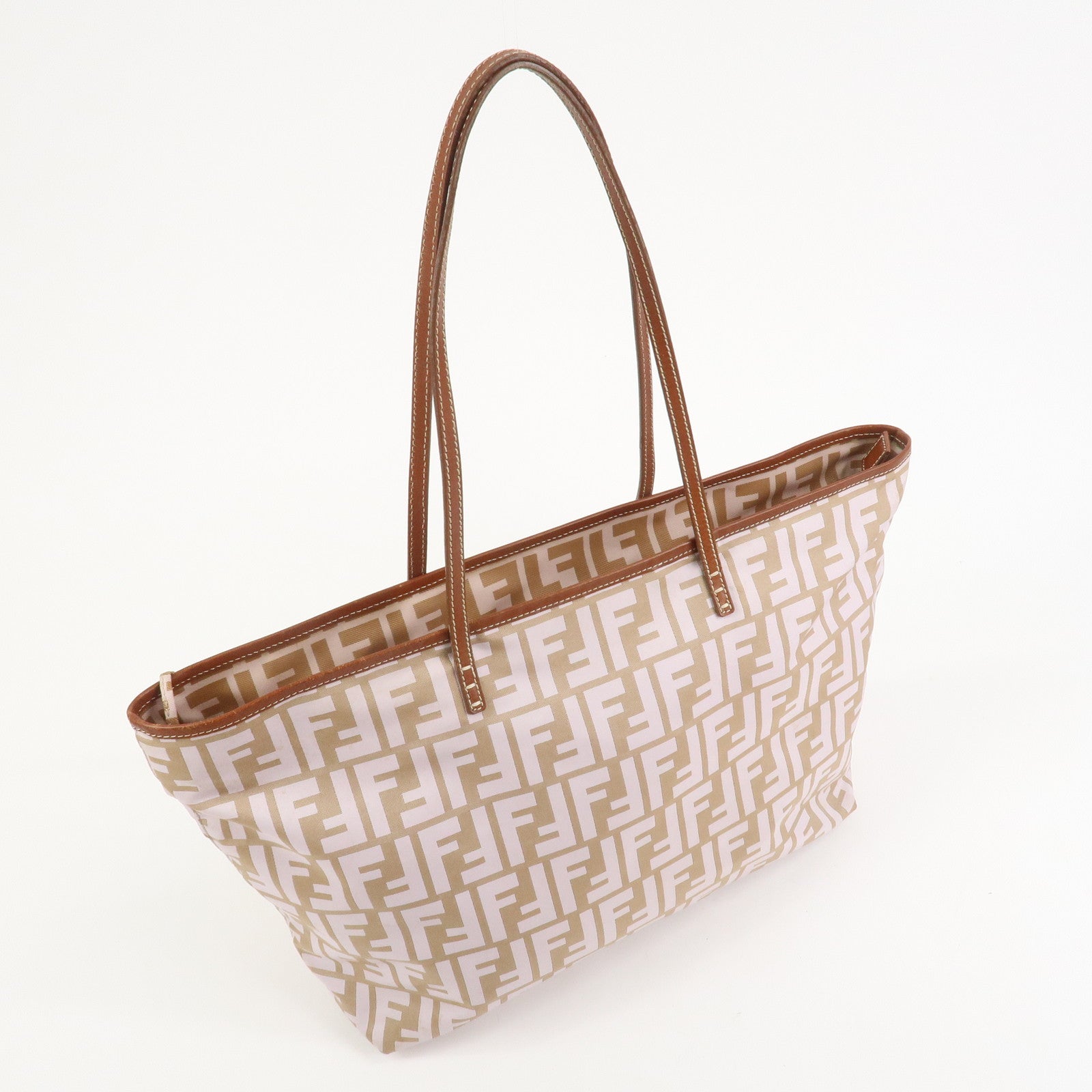 FENDI Zucca Nylon Leather Tote Bag Shoulder Bag Brown Pink 8BH185