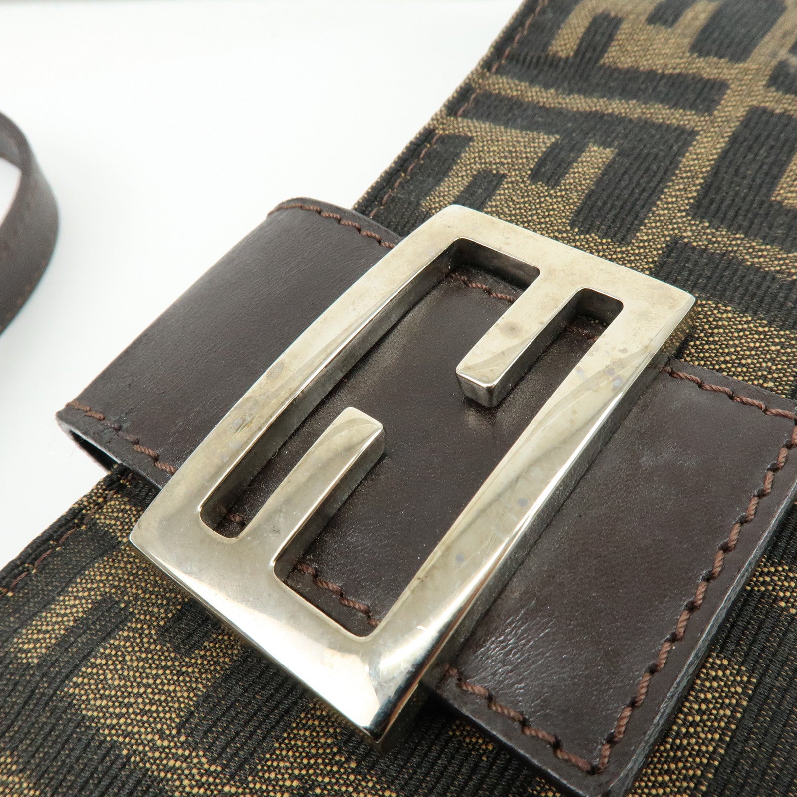 FENDI Zucca Canvas Leather Shoulder Bag Hand Bag Brown Black