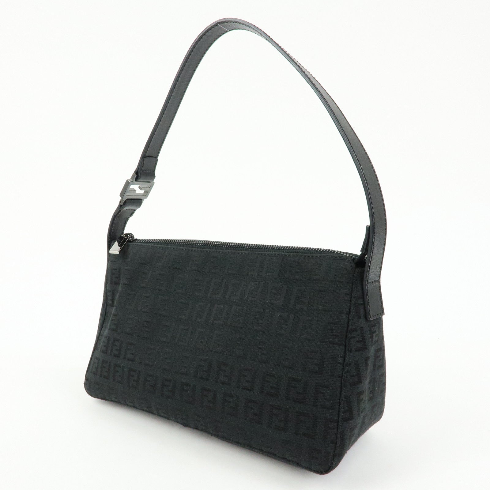 FENDI Zucchino Canvas Leather Shoulder Bag Hand Bag Black 8BR444