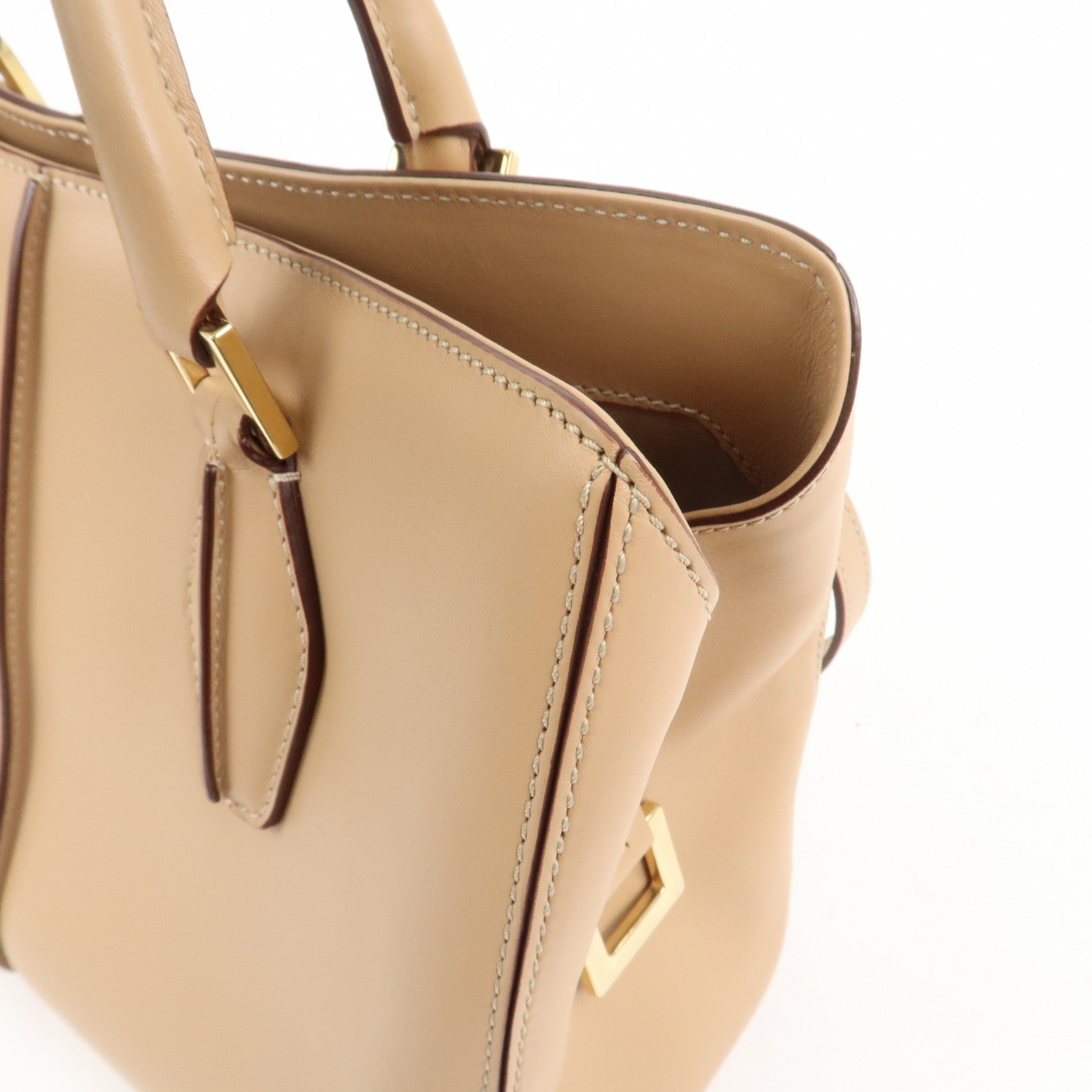 TOD’S Leather 2Way Bag Hand Bag Shoulder Bag Beige Gold