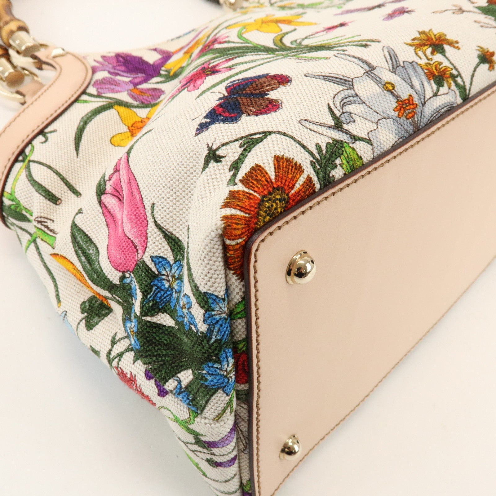 GUCCI Bamboo Flora Canvas Leather Hand Bag Multicolor Beige 137395
