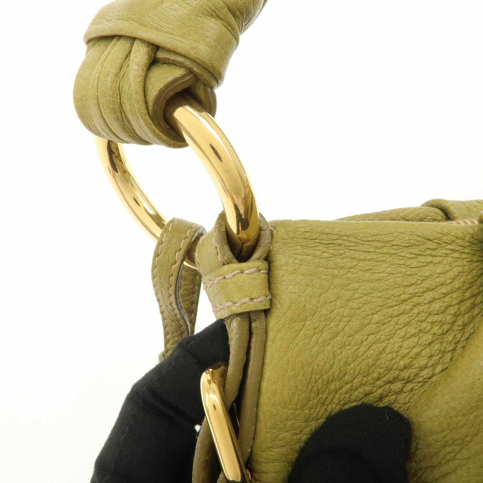 PRADA Logo Leather Shoulder Bag Hand Bag Khaki Gold HDW BR4070