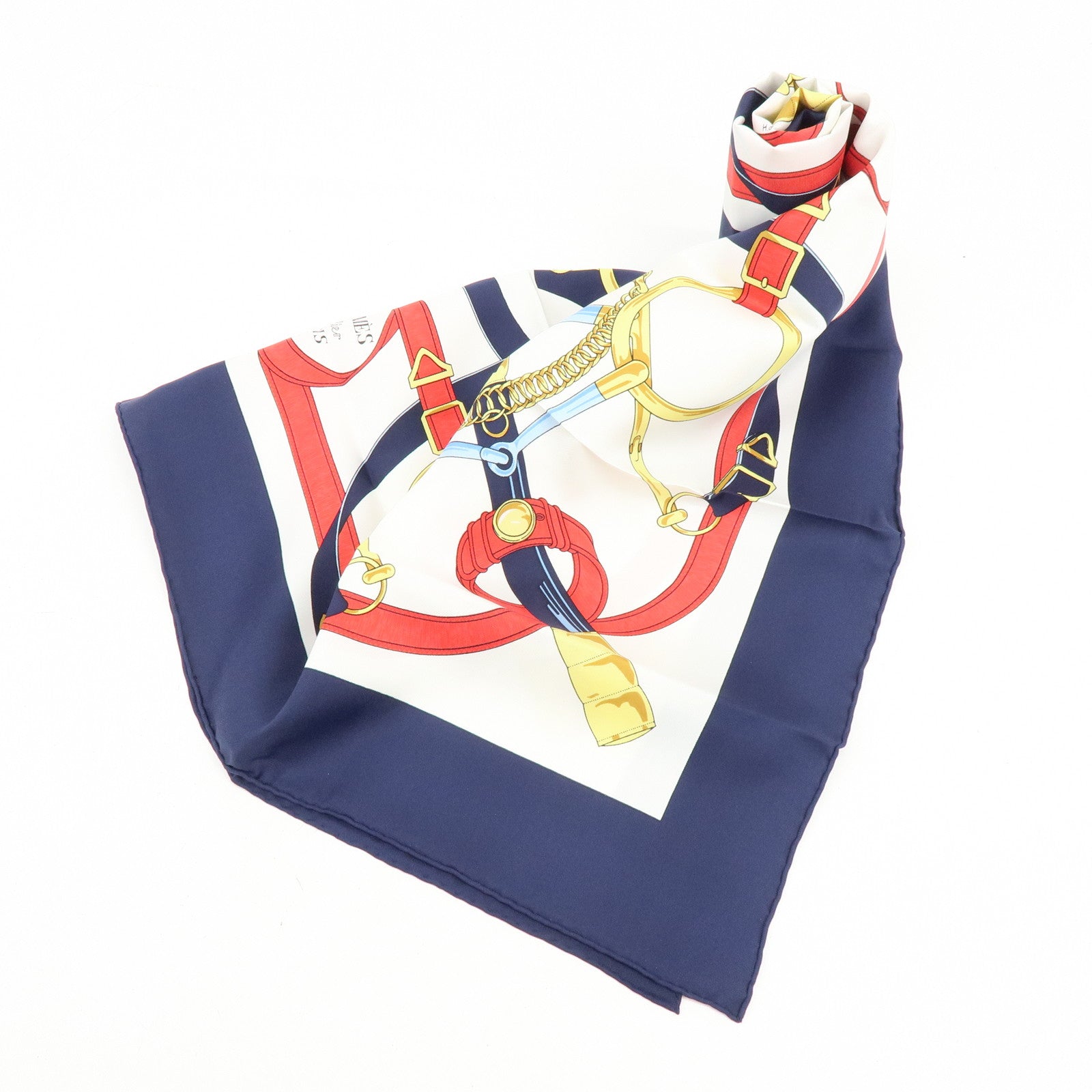 HERMES Carre 90 Silk 100% Scarf Eperon d'or Navy White Yellow Red