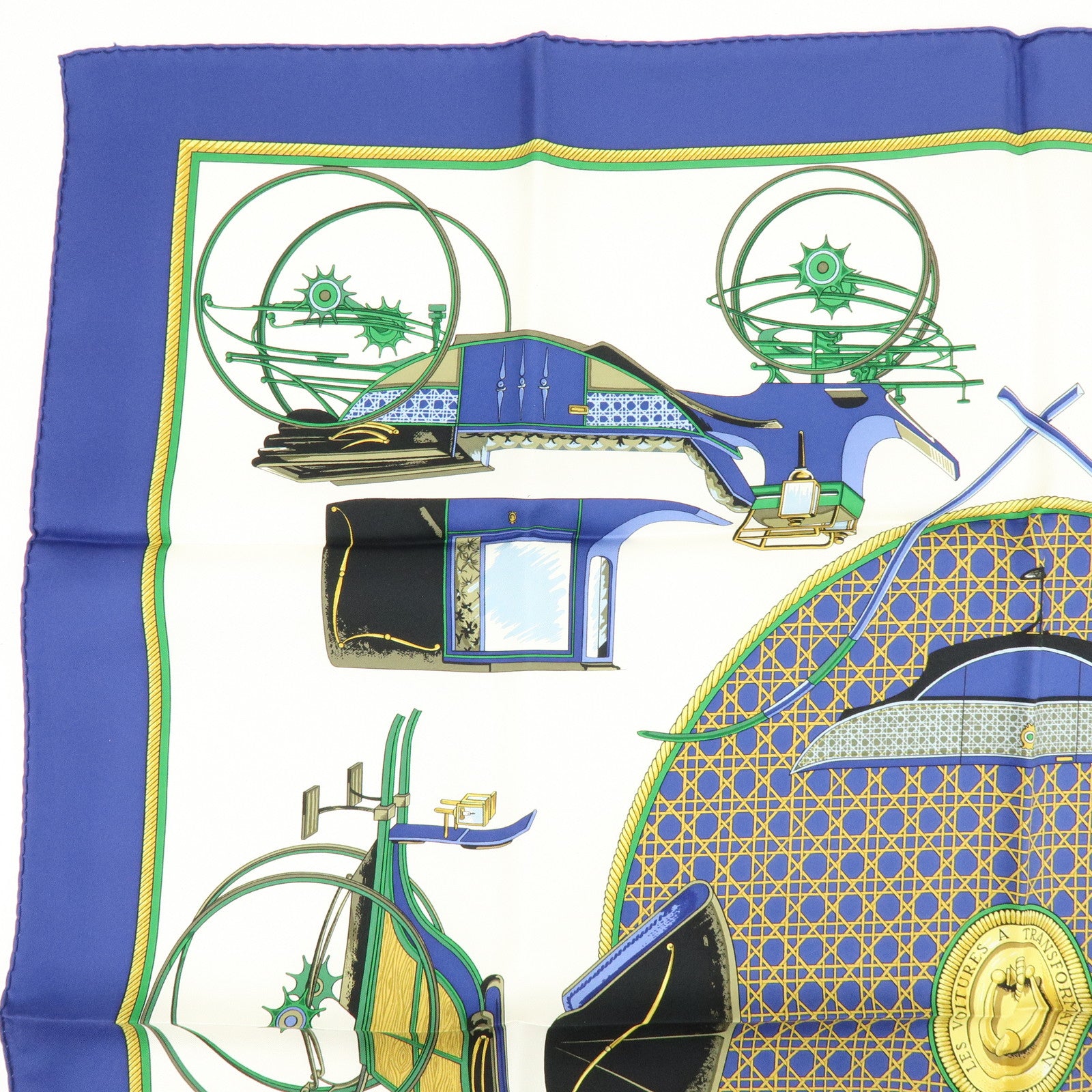 HERMES Carre 90 Silk 100% LES VOITURES A TRANSFORMATION Scarf Blue