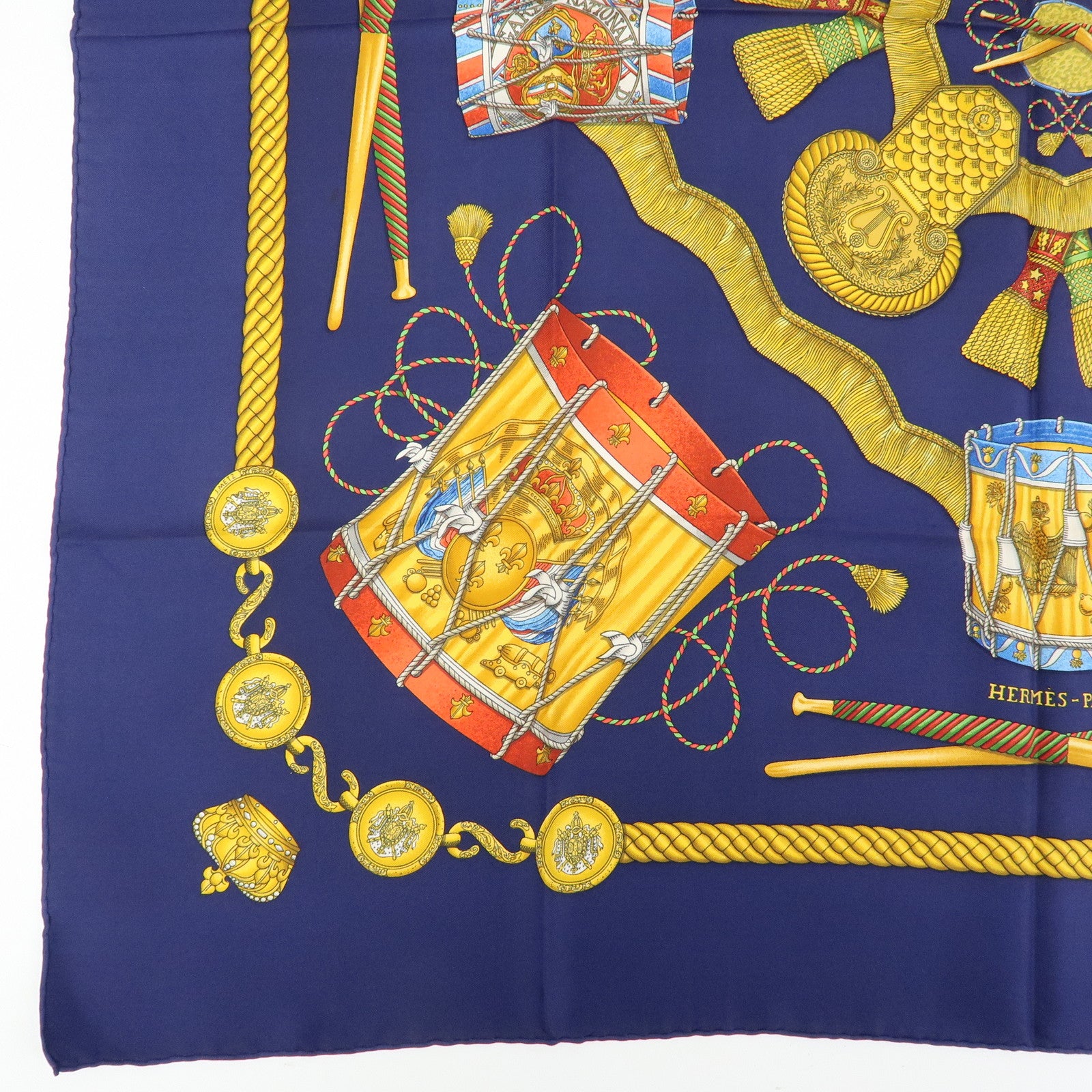 HERMES Carre 90 Silk 100% Scarf LES TAMBOURS Navy Gold