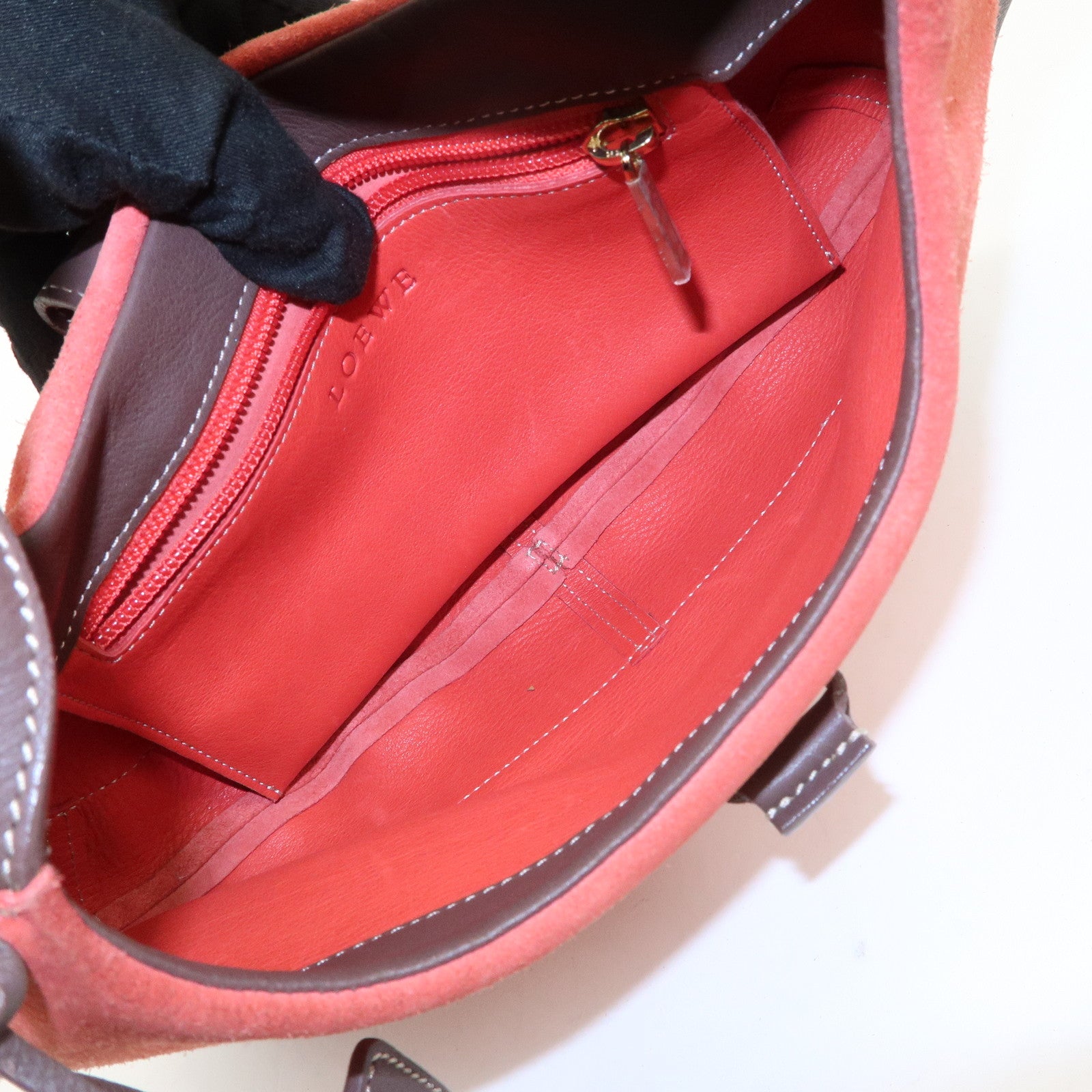 LOEWE Leather Suede Shoulder Bag Hand Bag Brown Red Gold HDW