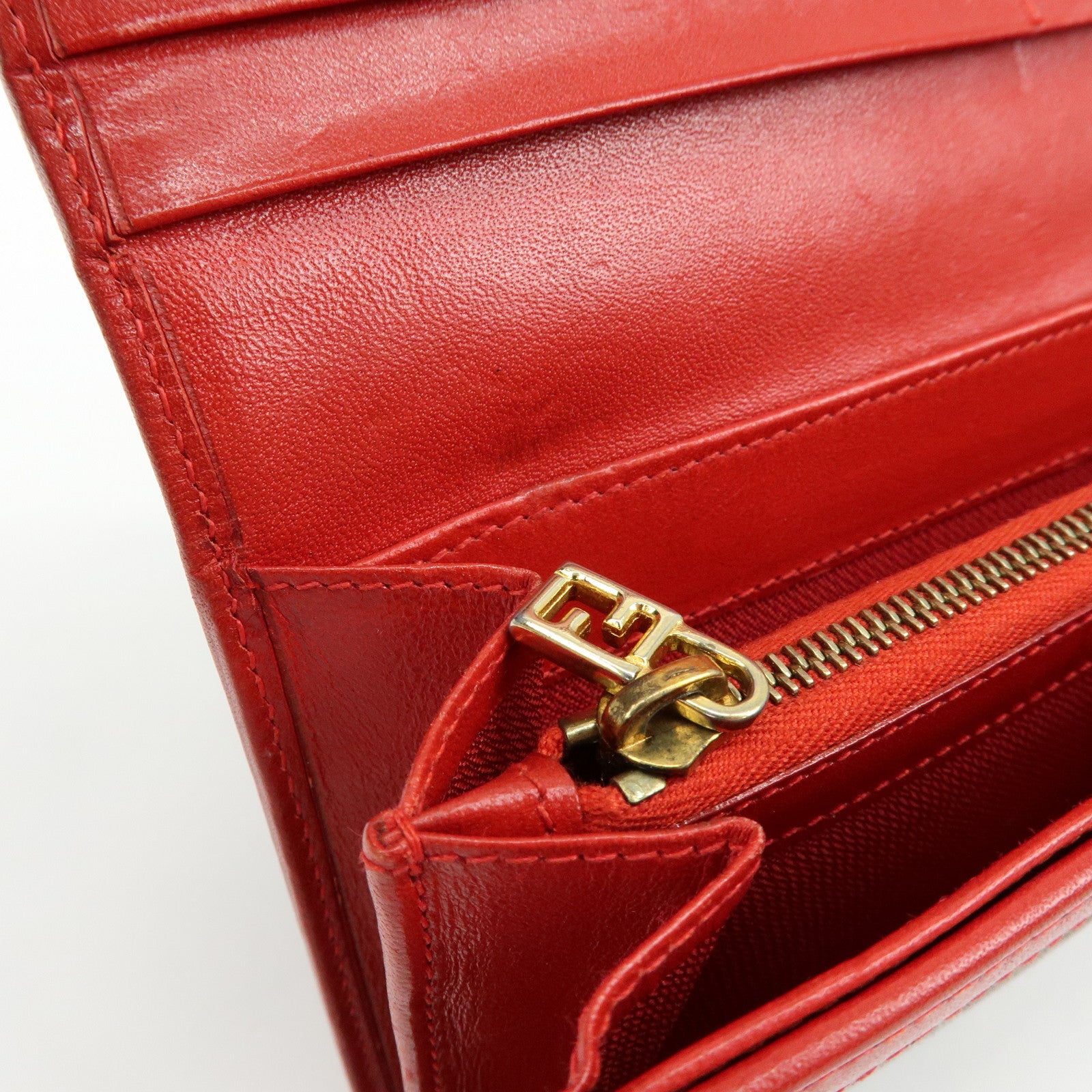 FENDI Zucca Canvas Leather Long Wallet Leopard Brown Red 30851