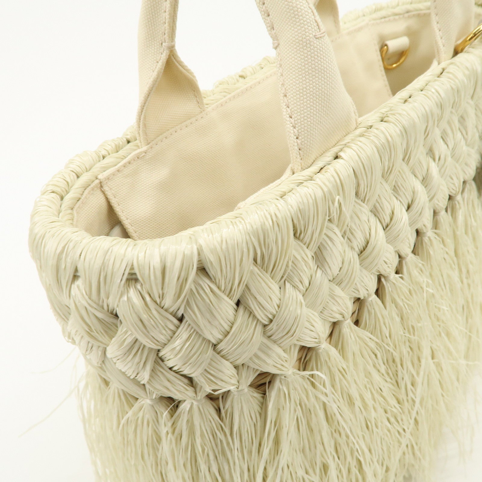 PRADA Logo Raffia Canvas Straw Hand Bag White Gold Charm1BG089
