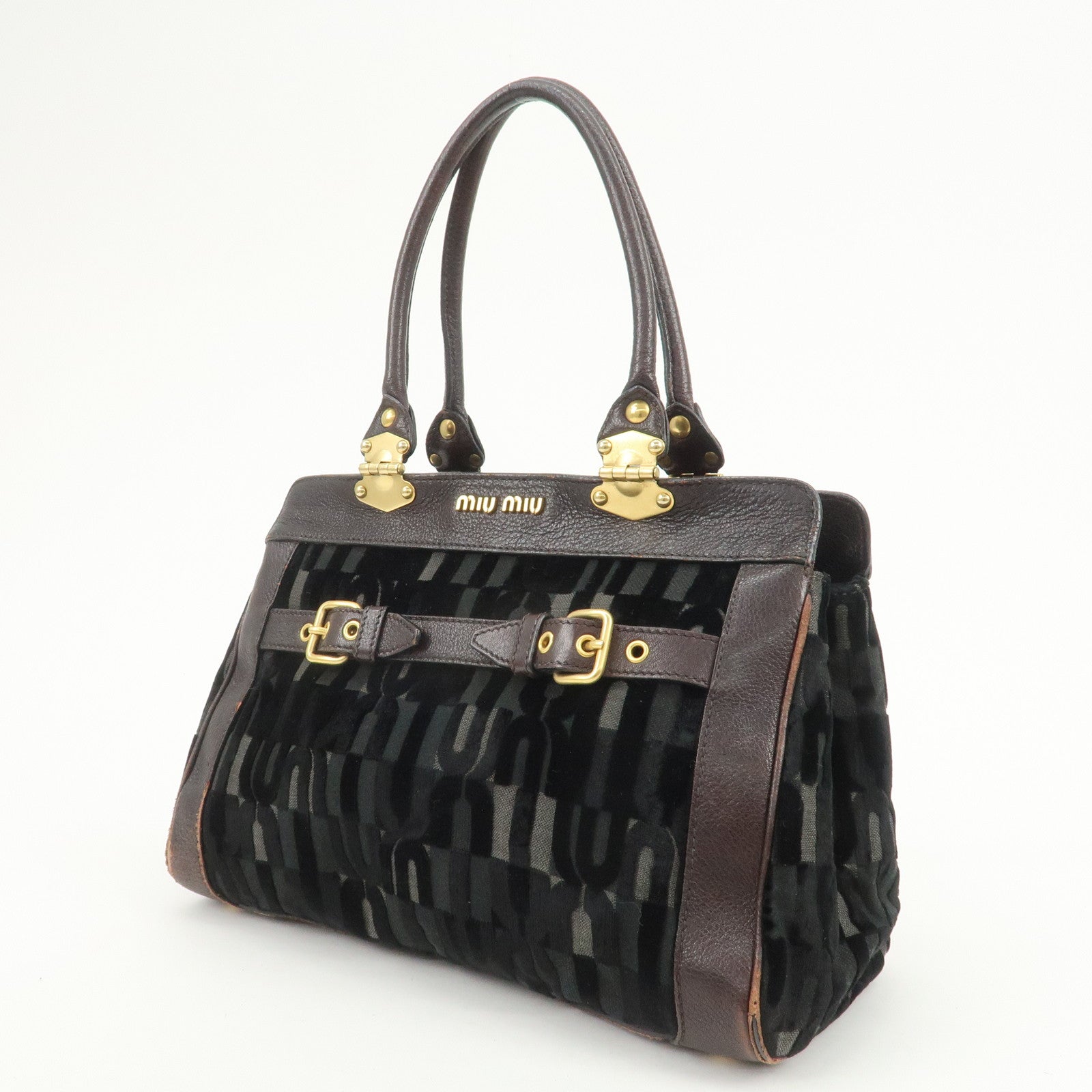 MIU MIU Logo Velour Leather Shoulder Bag Black Brown