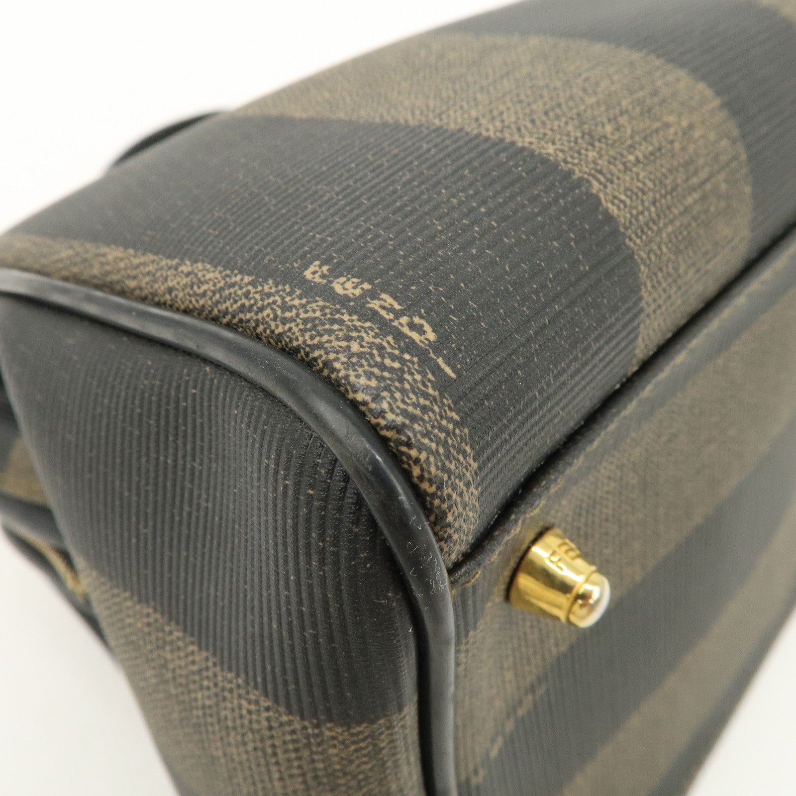 FENDI Pequin PVC Canvas Hand Bag Boston Bag Black Brown Used