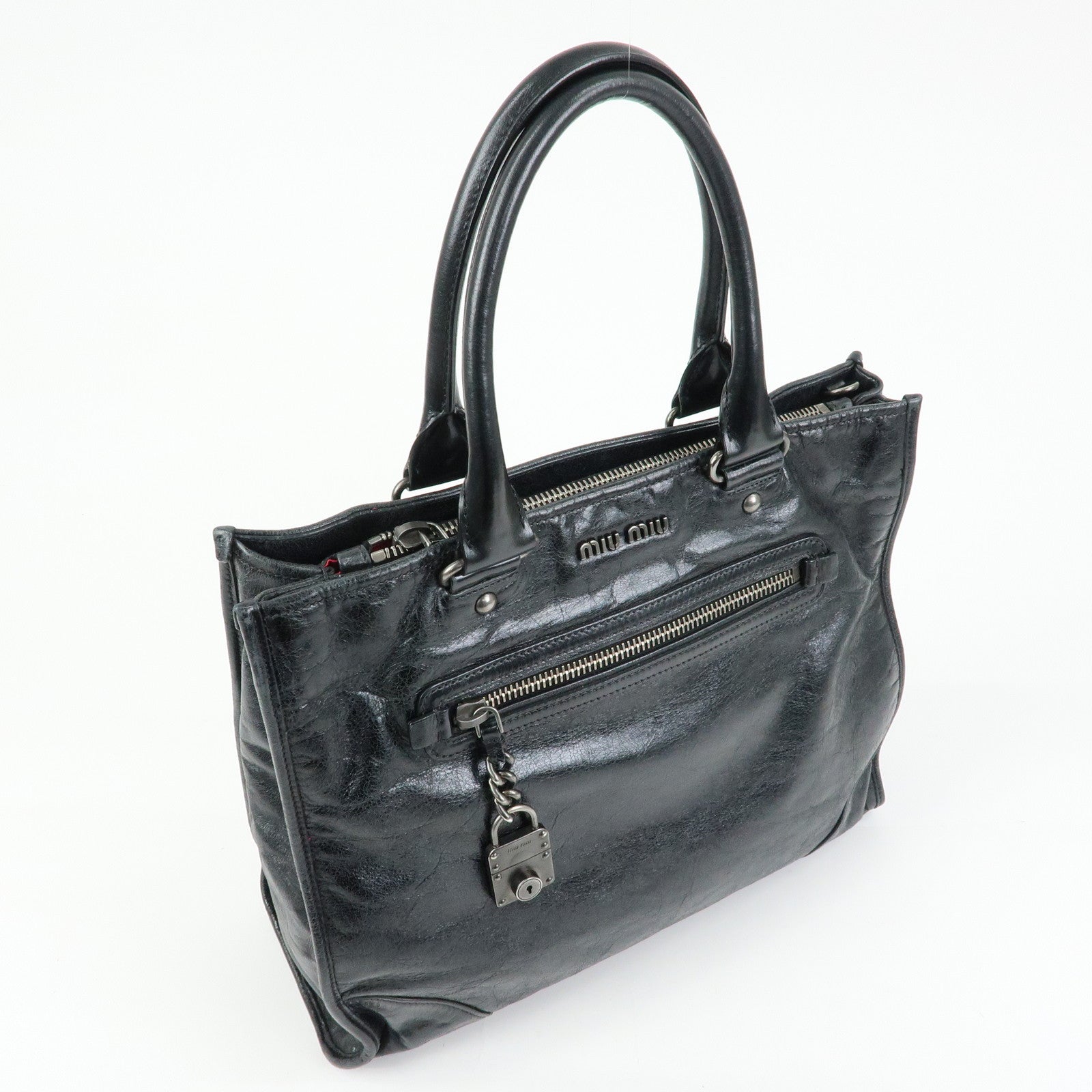MIU MIU Leather Tote Bag Shoulder Bag Black Padlock Charm