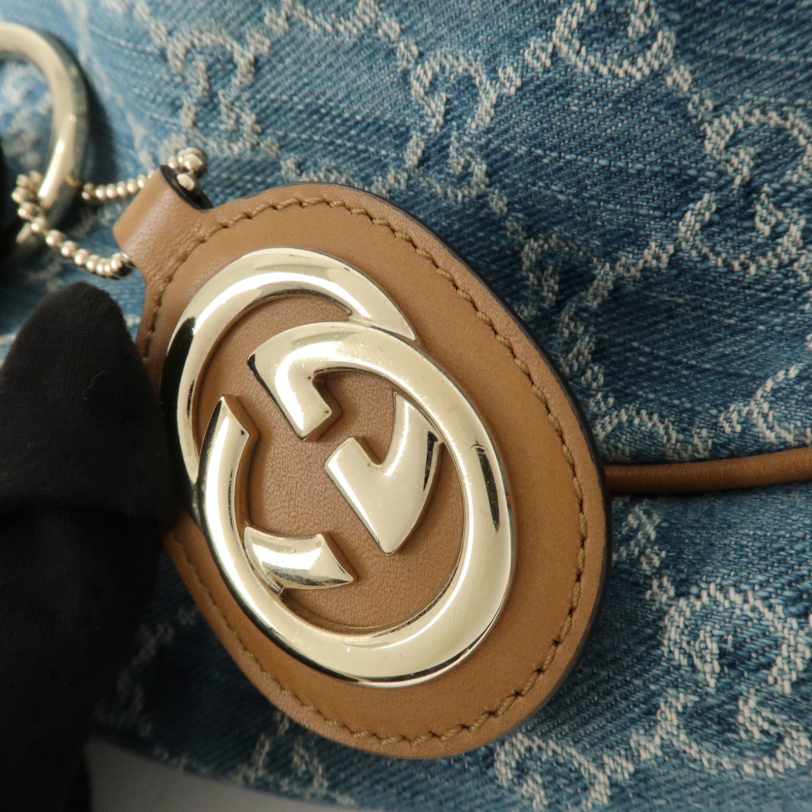 GUCCI Sukey GG Denim Leather Tote Bag Hand Bag Blue Brown 211944