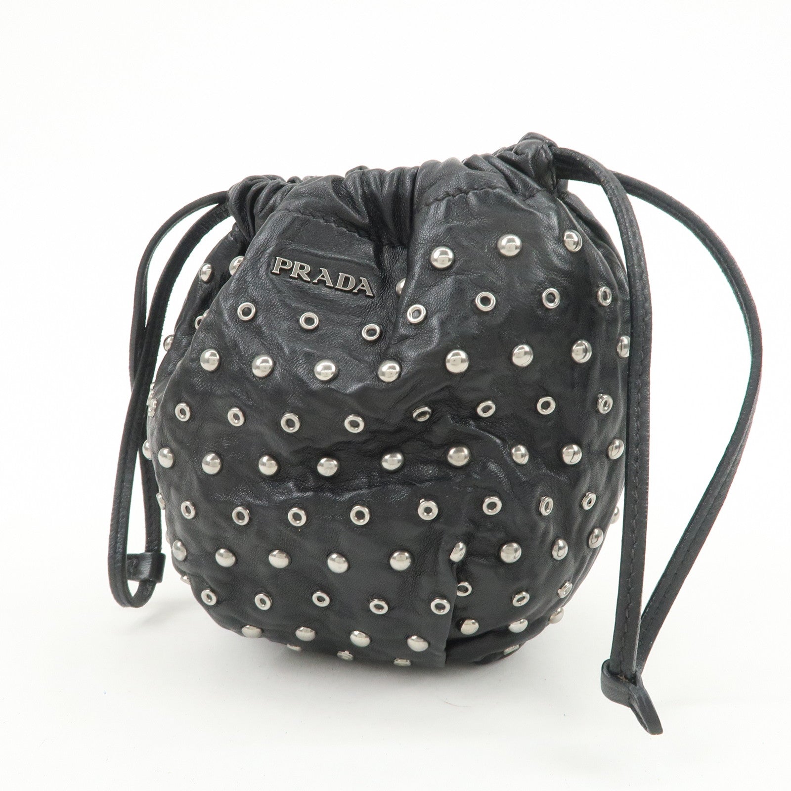 PRADA Studs Leather Drawstring Bag Cosmetic Pouch Black