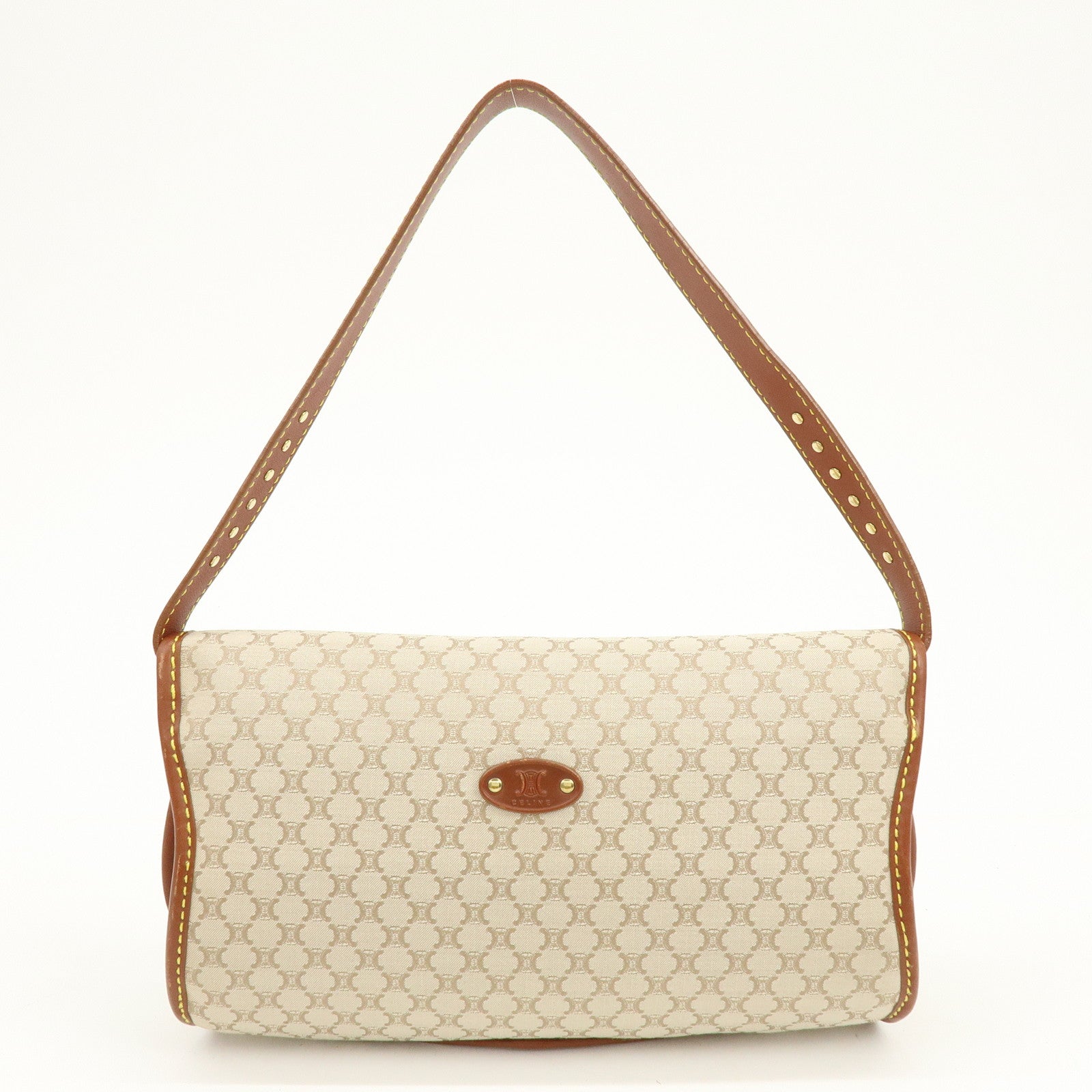 CELINE Macadam Canvas Leather Hand Bag Shoulder Bag Beige Brown