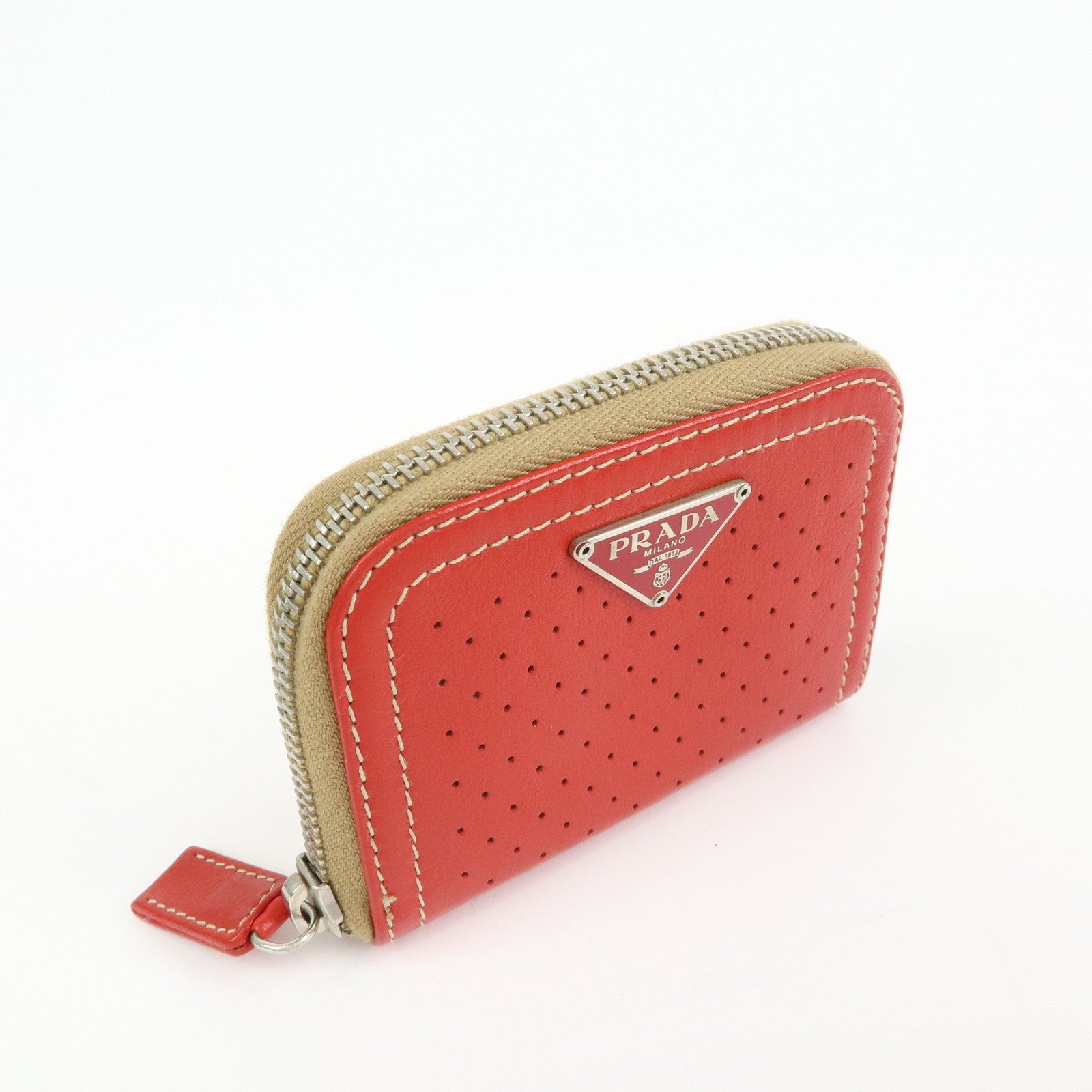 PRADA Triangle Logo Punched Leather Round Zippy Coin Case Red