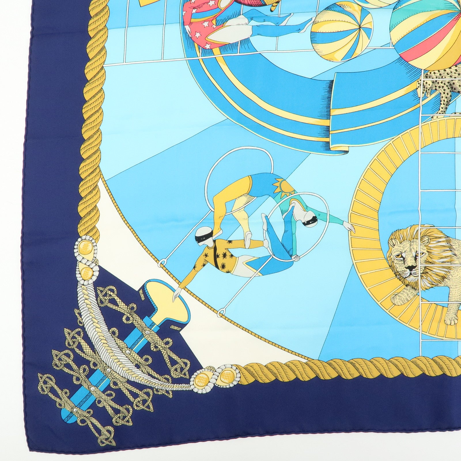 HERMES Carre 90 Silk 100% Scarf Circus Blue Gold