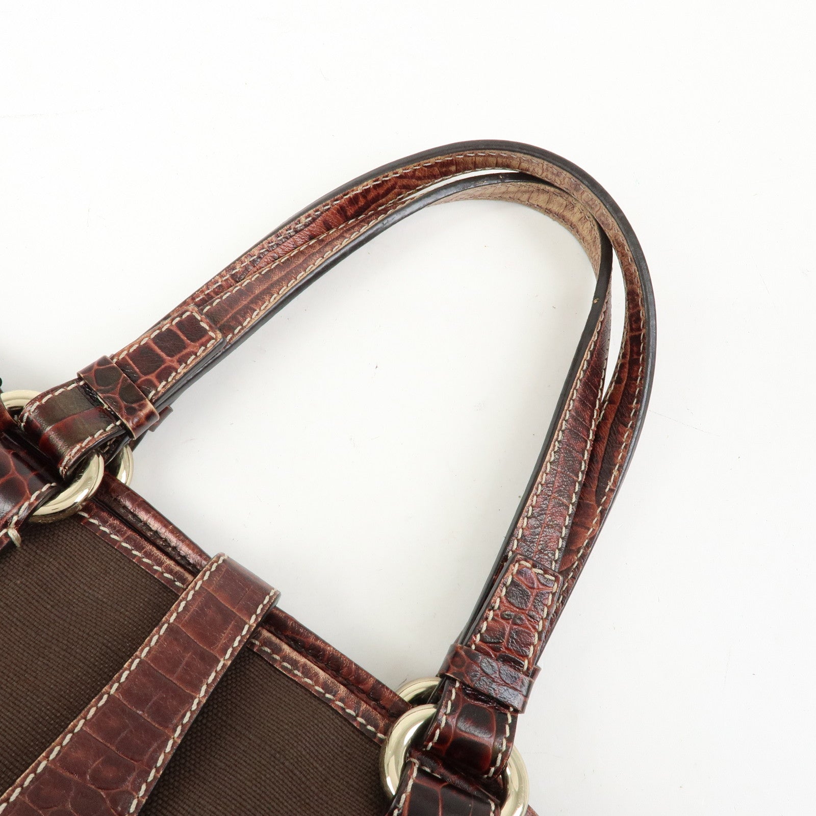CELINE Logo Canvas Embossed Leather Tote Bag Hand Bag Brown