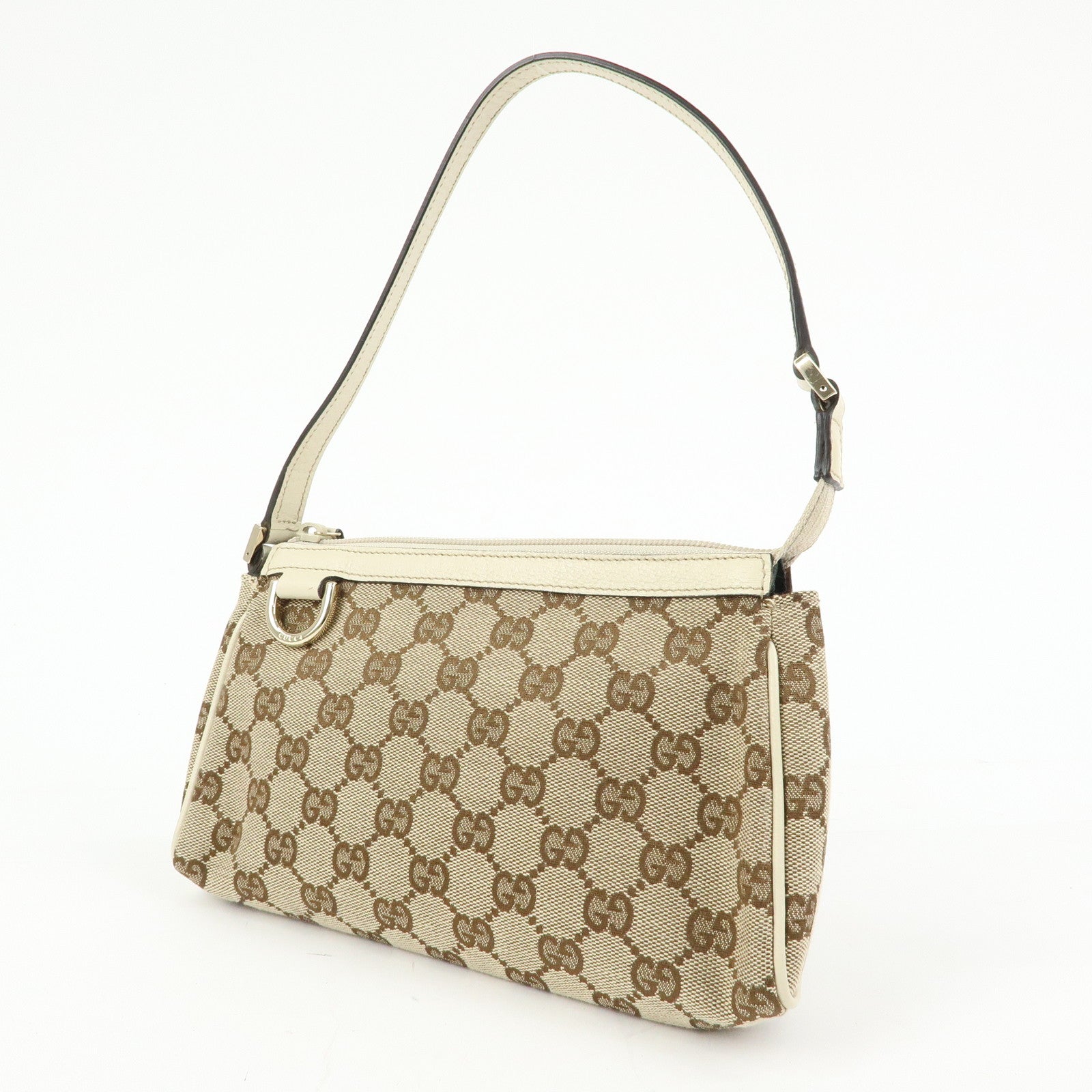 GUCCI GG Canvas Leather Accessory Pouch Hand Bag Beige White 145750