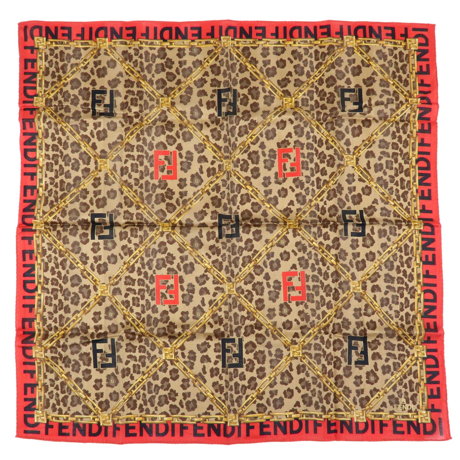 FENDI Cotton Scarf 57x57 Leopard Chain Motif Brown Red