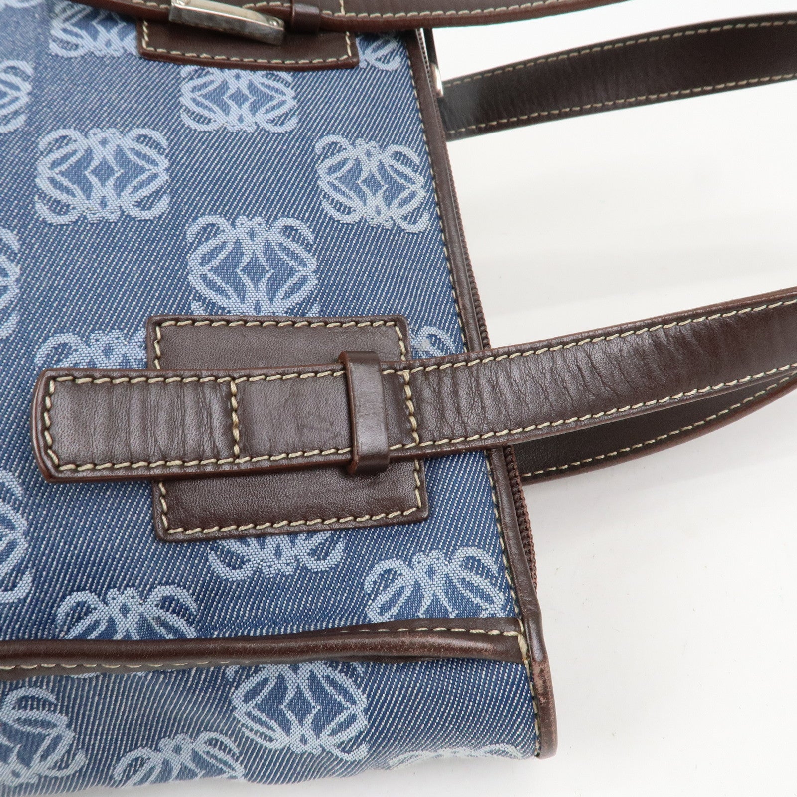 LOEWE Repeat Anagram Canvas Leather Tote Bag Hand Bag Blue Brown