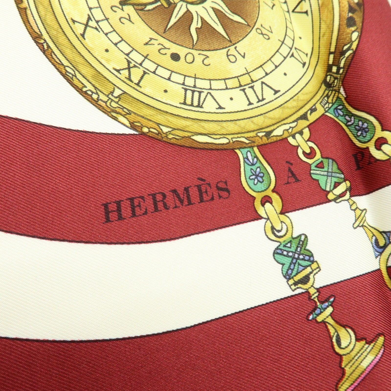 HERMES Carre 90 Silk 100% Scarf la ronde des heures Bordeaux White
